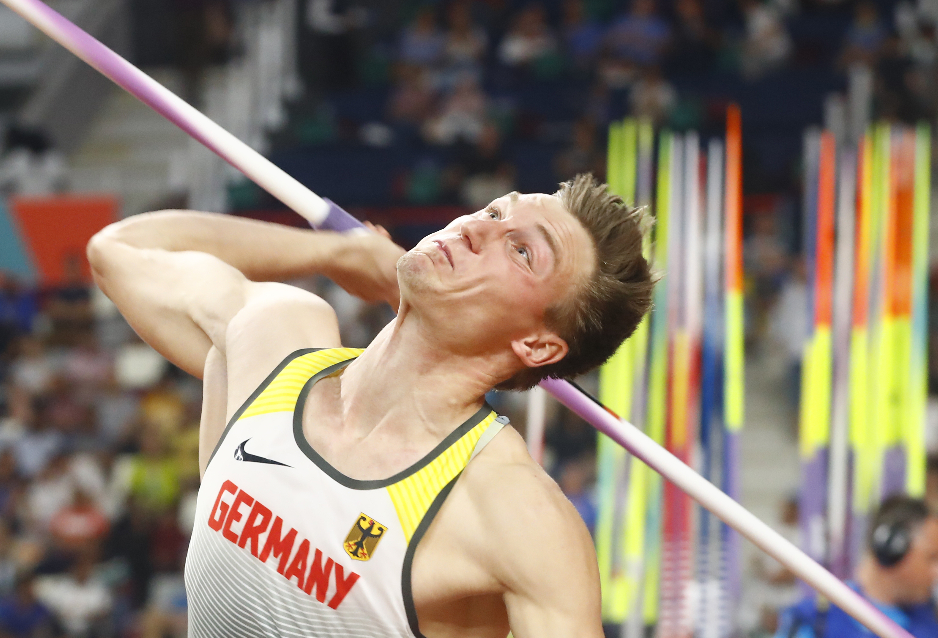 epa07898468 Thomas Roehler of Germany competes in the men's Javelin Throw during the IAAF World Athletics Championships 2019 at the Khalifa Stadium in Doha, Qatar, 05 October 2019. EPA-EFE/DIEGO AZUBEL