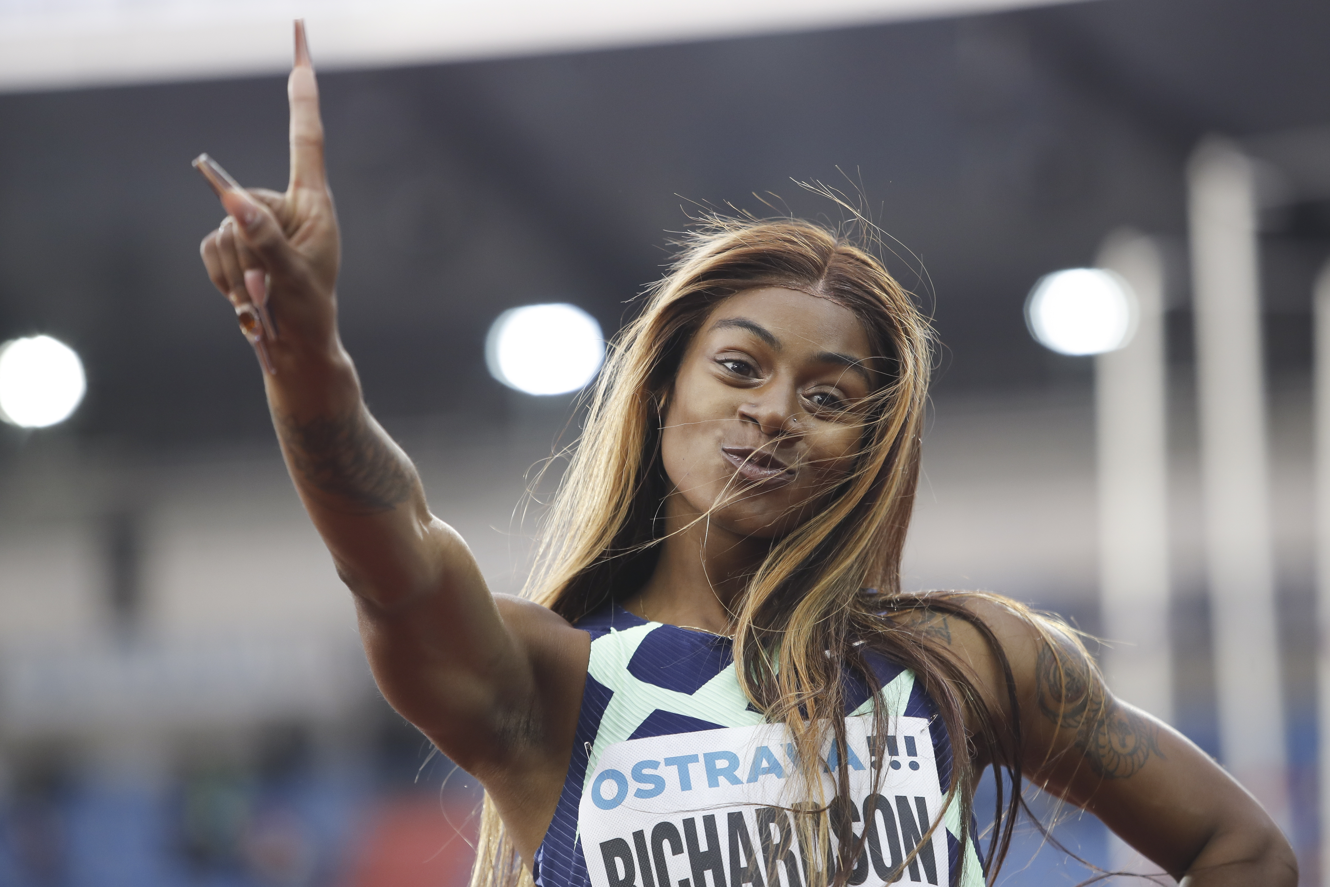 epaselect epa09212991 Sha`Carri Richardson of USA reacts after wining Women 200m at the 2021 Golden Spike Ostrava athletics meeting as part of the World Athletics Continental Tour in Ostrava, Czech Republic, 19 May 2021.  EPA-EFE/Martin Divisek