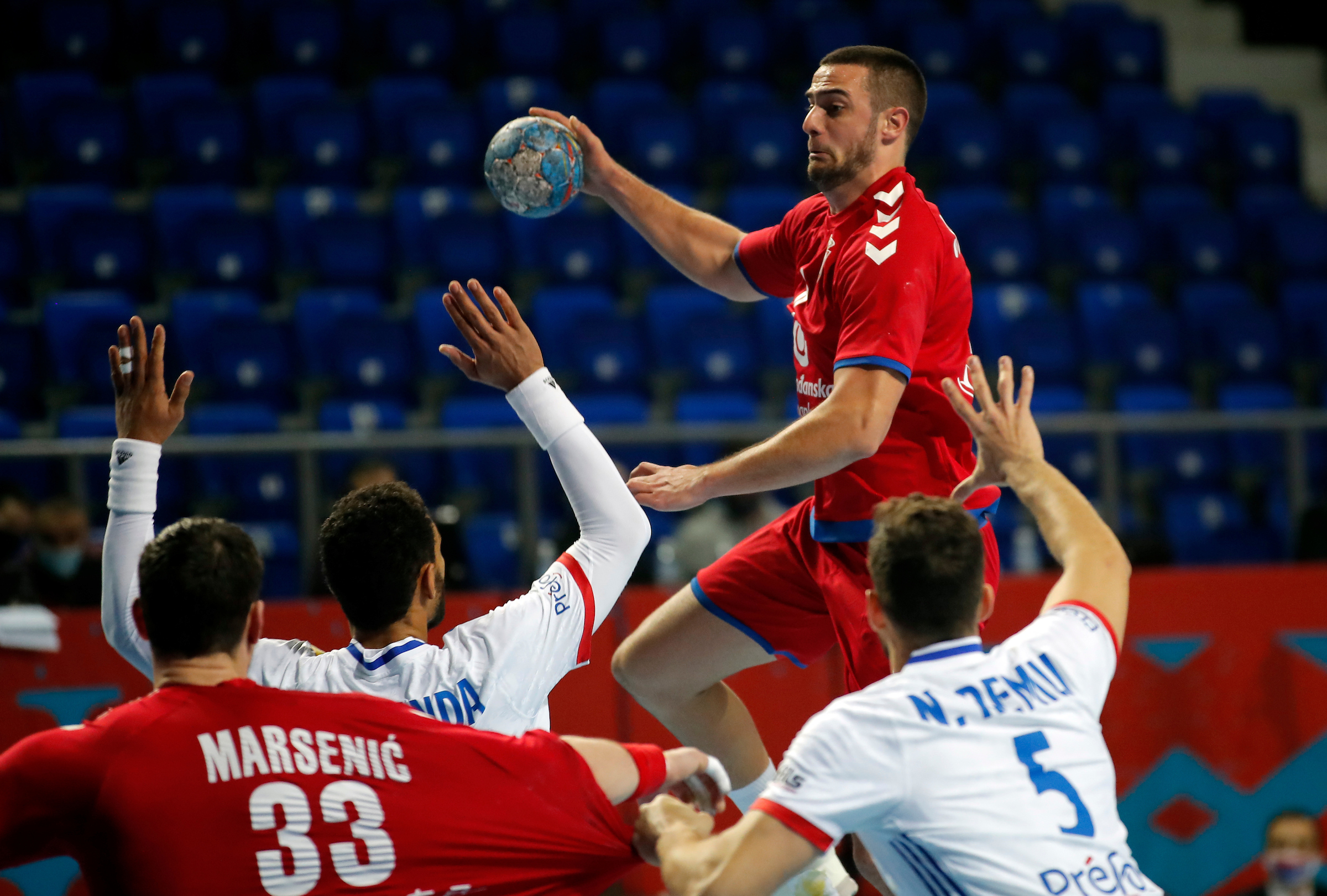 handball match between Serbia and France in Zrenjanin, Serbia on Jan. 5, 2021.