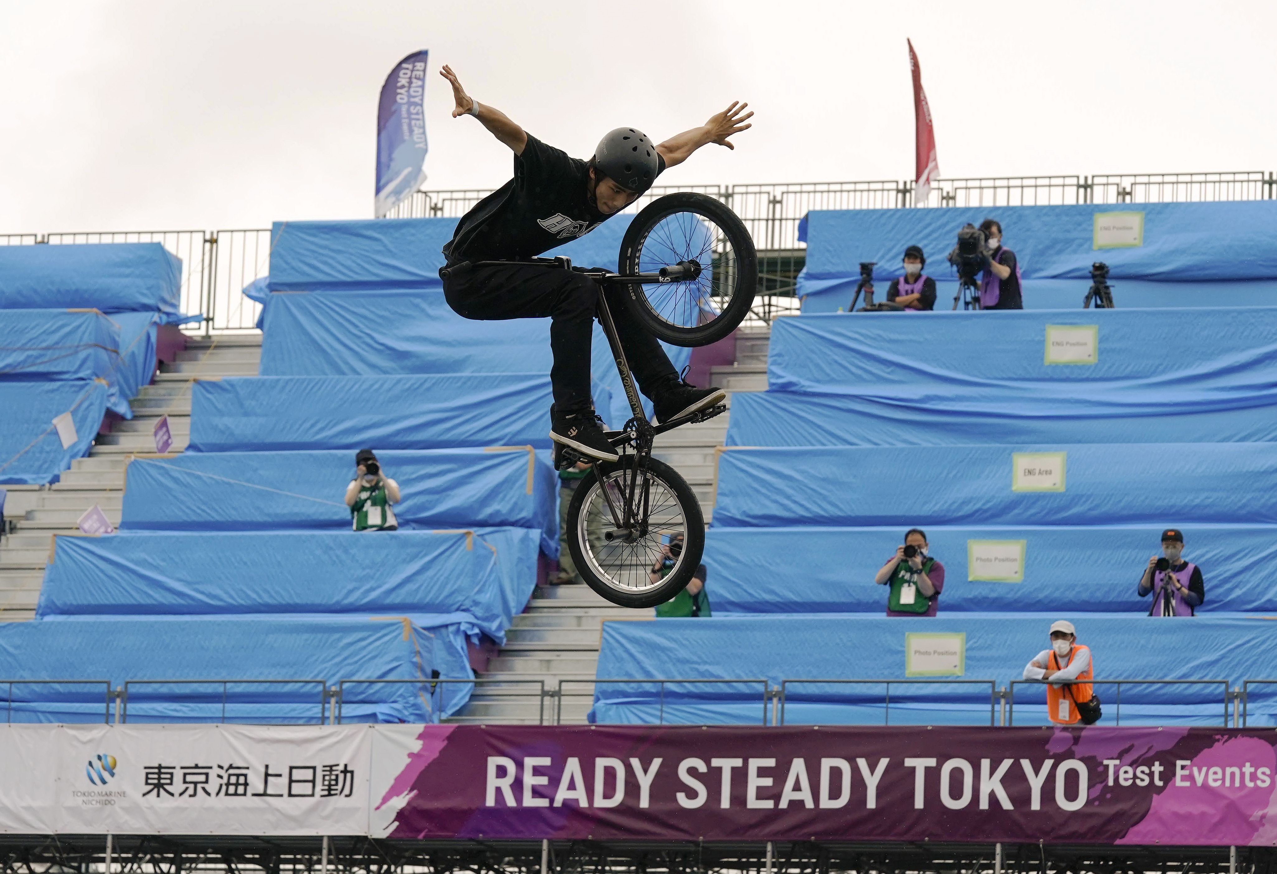 epa09205930 Takato Ueda in action during the Cycling BMX Free Style of Tokyo 2020 Olympics test event a tAriake Urban Sports Park in Tokyo, Japan, 17 May 2021.  EPA-EFE/KIMIMASA MAYAMA