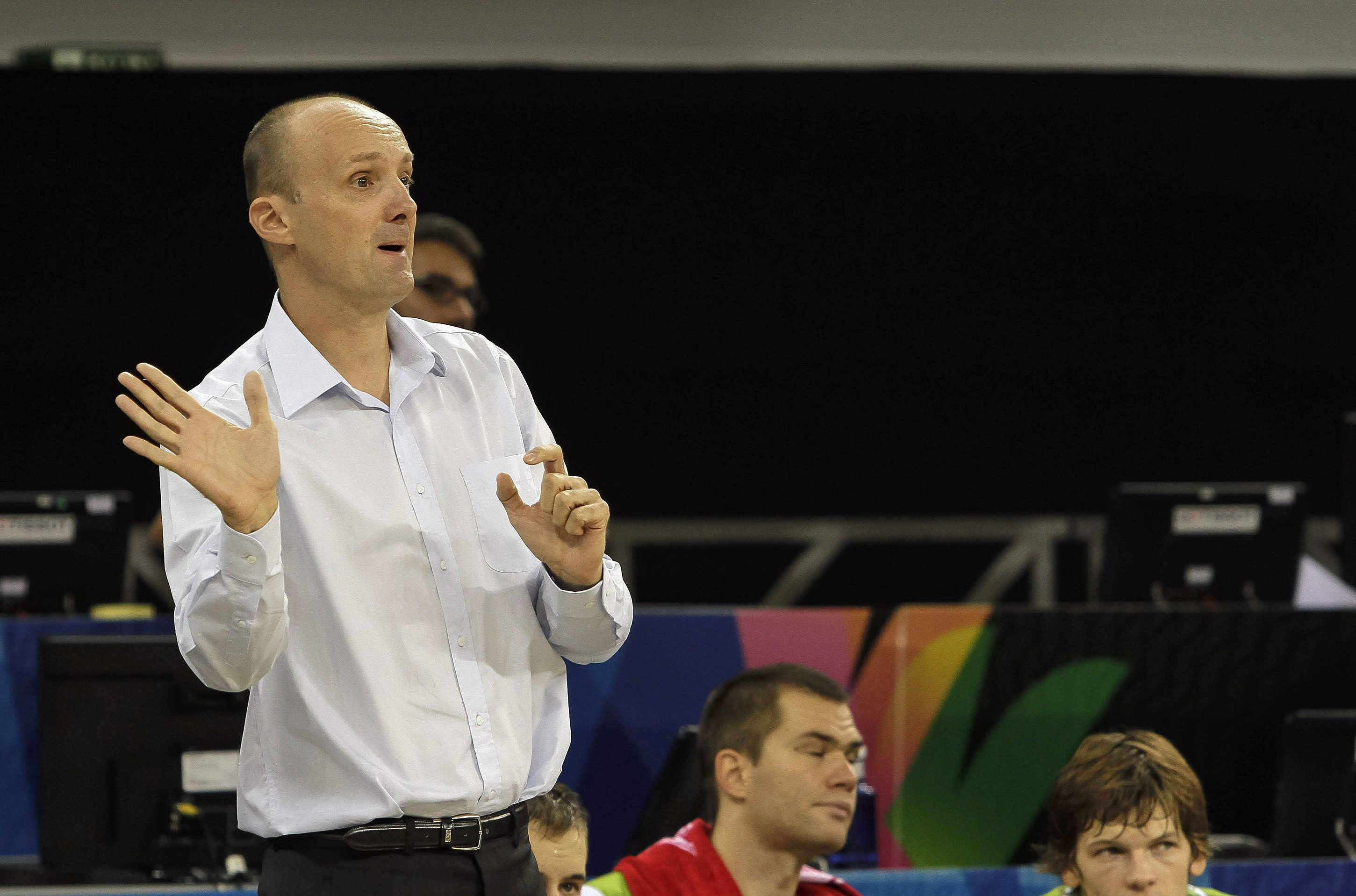 epa04375907 Coach of the Slovenian national basketball team, Jure Zdovc reacts during the 2014 FIBA Basketball World Cup Group D match between Australia and Slovenia at the Gran Canaria Arena in Las Palmas, Spain, 30 August 2014.  EPA/CRISTOBAL GARCIA