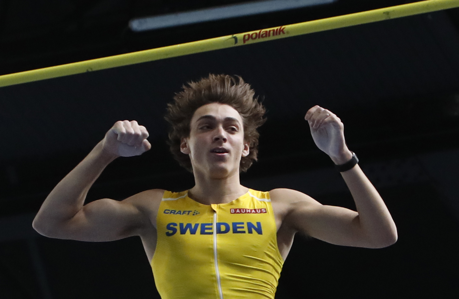 Sweden's Armand Duplantis competes during the men's pole vault final at the Poland European Indoor Athletics Championships in Torun, Poland, Sunday, March 7, 2021. (AP Photo/Darko Vojinovic)