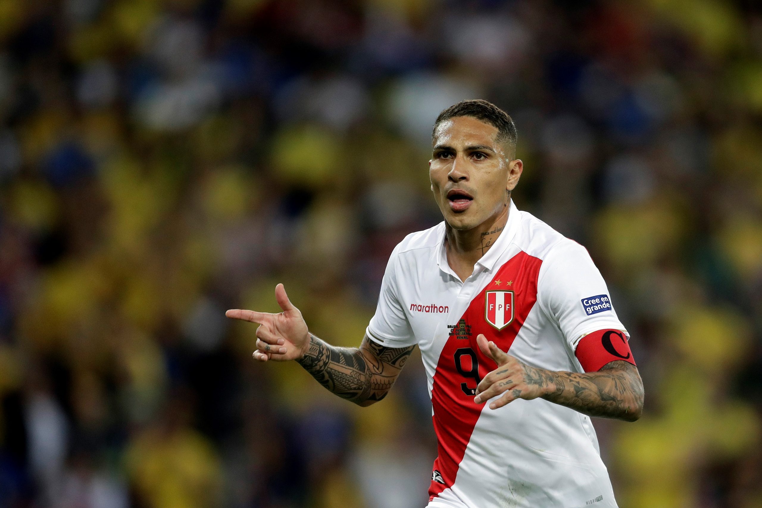 epa07702320 Peruvian Paolo Guerrero celebrates after scoring a penalty, during the Copa America 2019 final soccer match between Brazil and Peru, at Maracana Stadium in Rio de Janeiro, Brazil, 07 July 2019.  EPA-EFE/Fernando Bizerra
