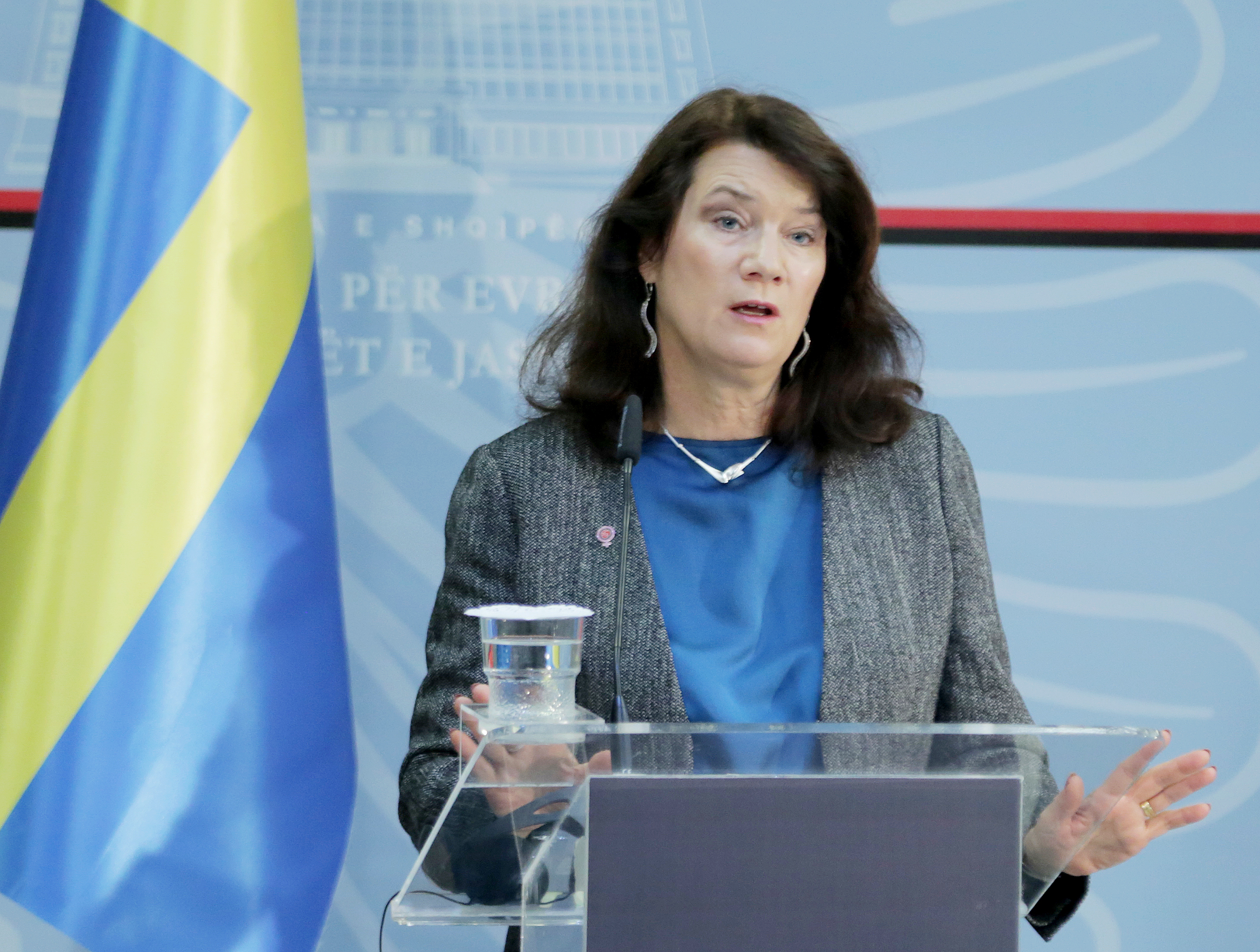 epa08007701 Swedish Foreign Minister Ann Linde holds a joint press conference with Deputy Albanian Foreign Minister Gent Cakaj (unseen) in Tirana, Albania, 19 November 2019. Ann Linde is for an official visit in Albania.  EPA-EFE/Malton Dibra