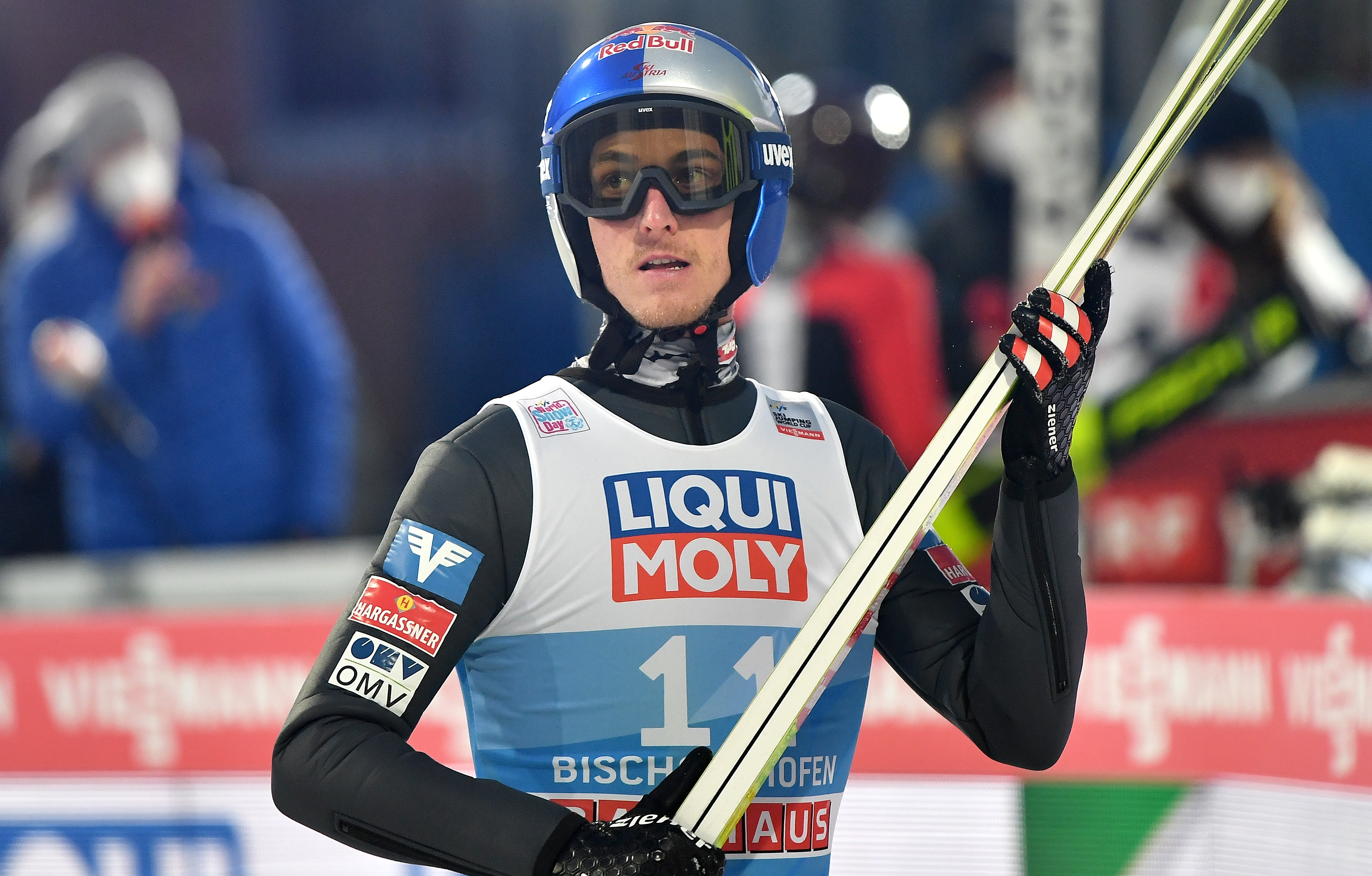 epa08920557 Gregor Schlierenzauer of Austria reacts during the qualification of the fourth stage of the 69th Four Hills Tournament in Bischofshofen, Austria, 05 January 2021.  EPA-EFE/LUKAS BARTH-TUTTAS