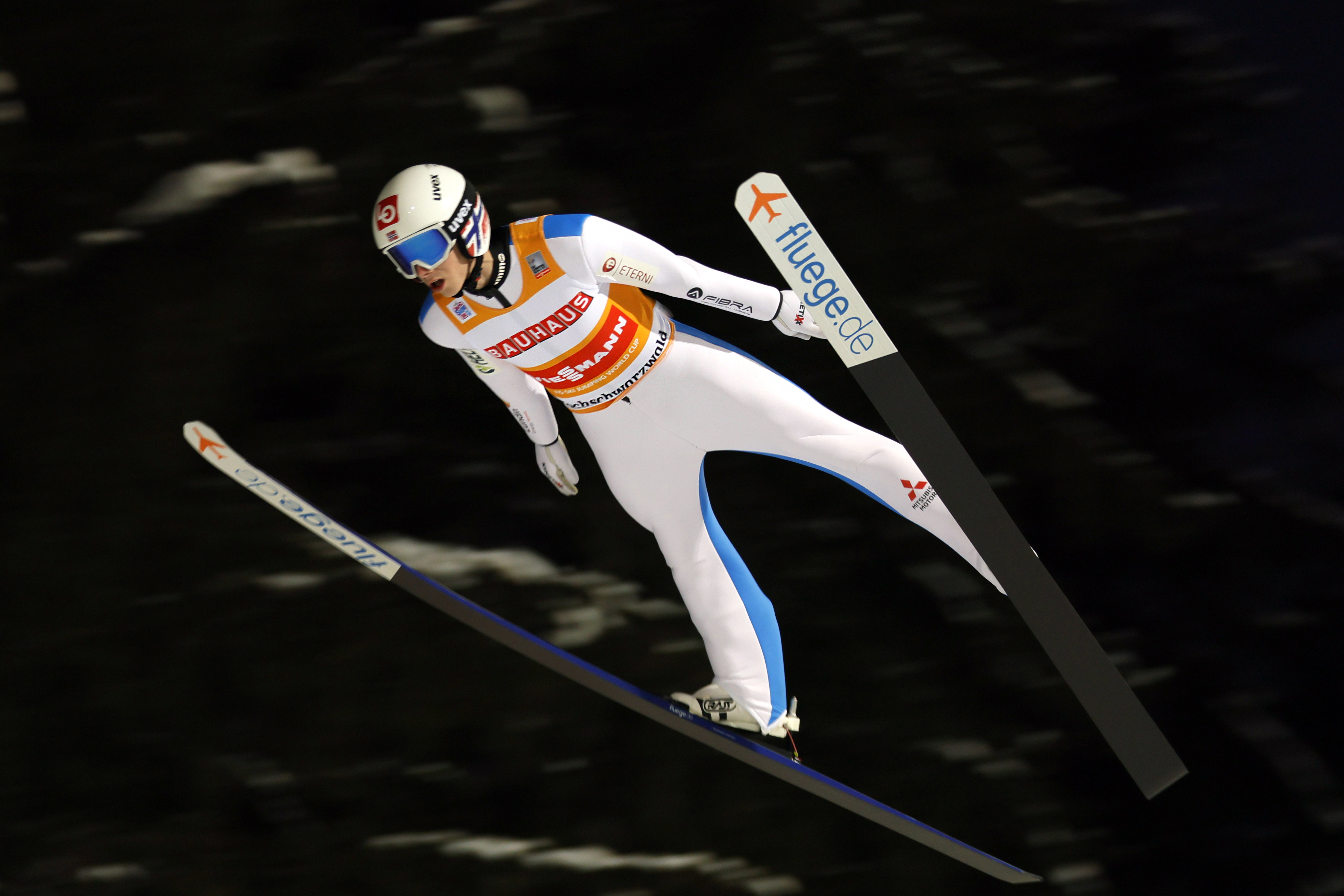 epa08930517 Halvor Egner Granerud of Norway is airborne during the first round of the Men's Single second competition at the FIS Ski Jumping World Cup in Titisee-Neustadt, Germany, 10 January 2021.  EPA-EFE/RONALD WITTEK