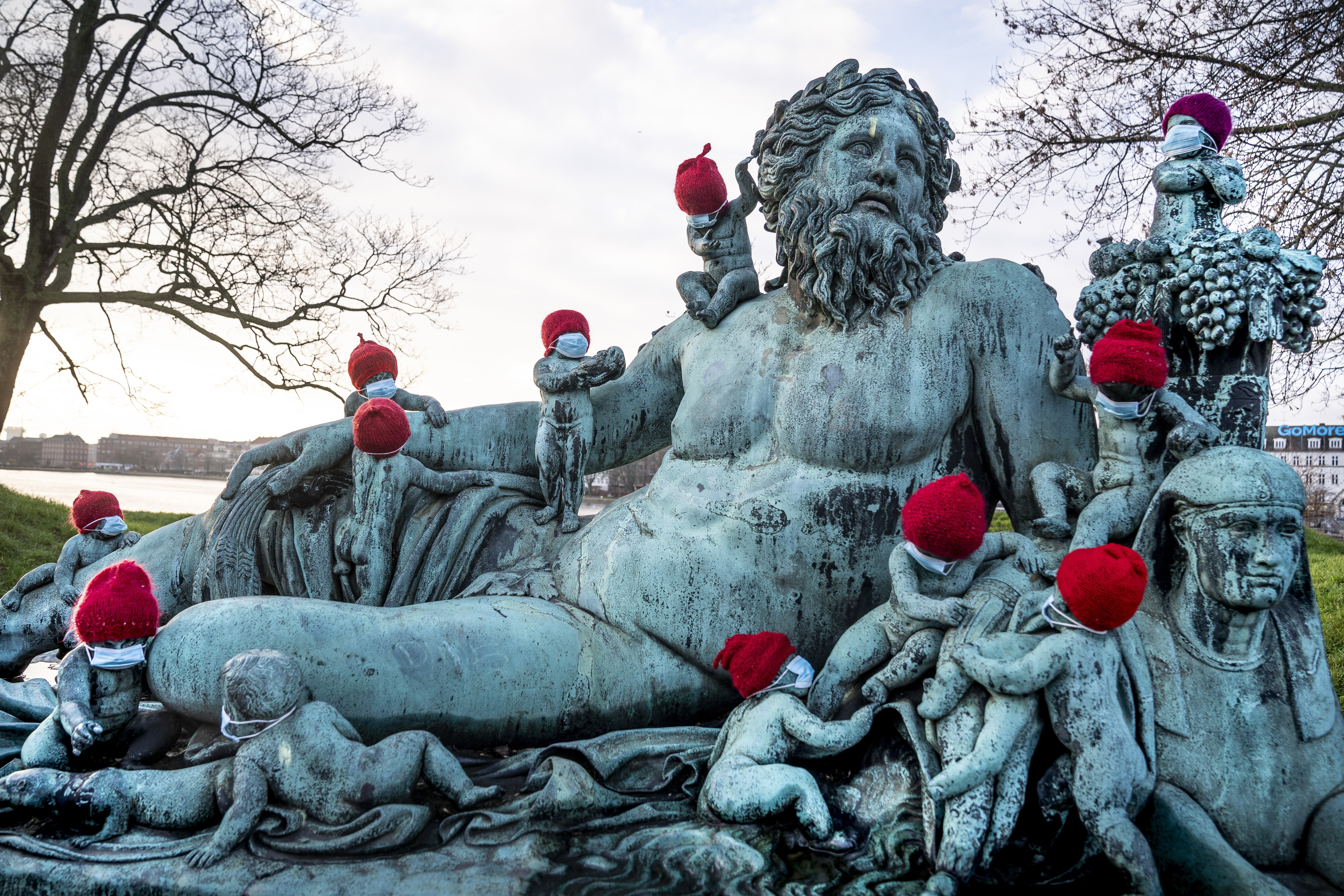 Statues wearing face masks in Copenhagen