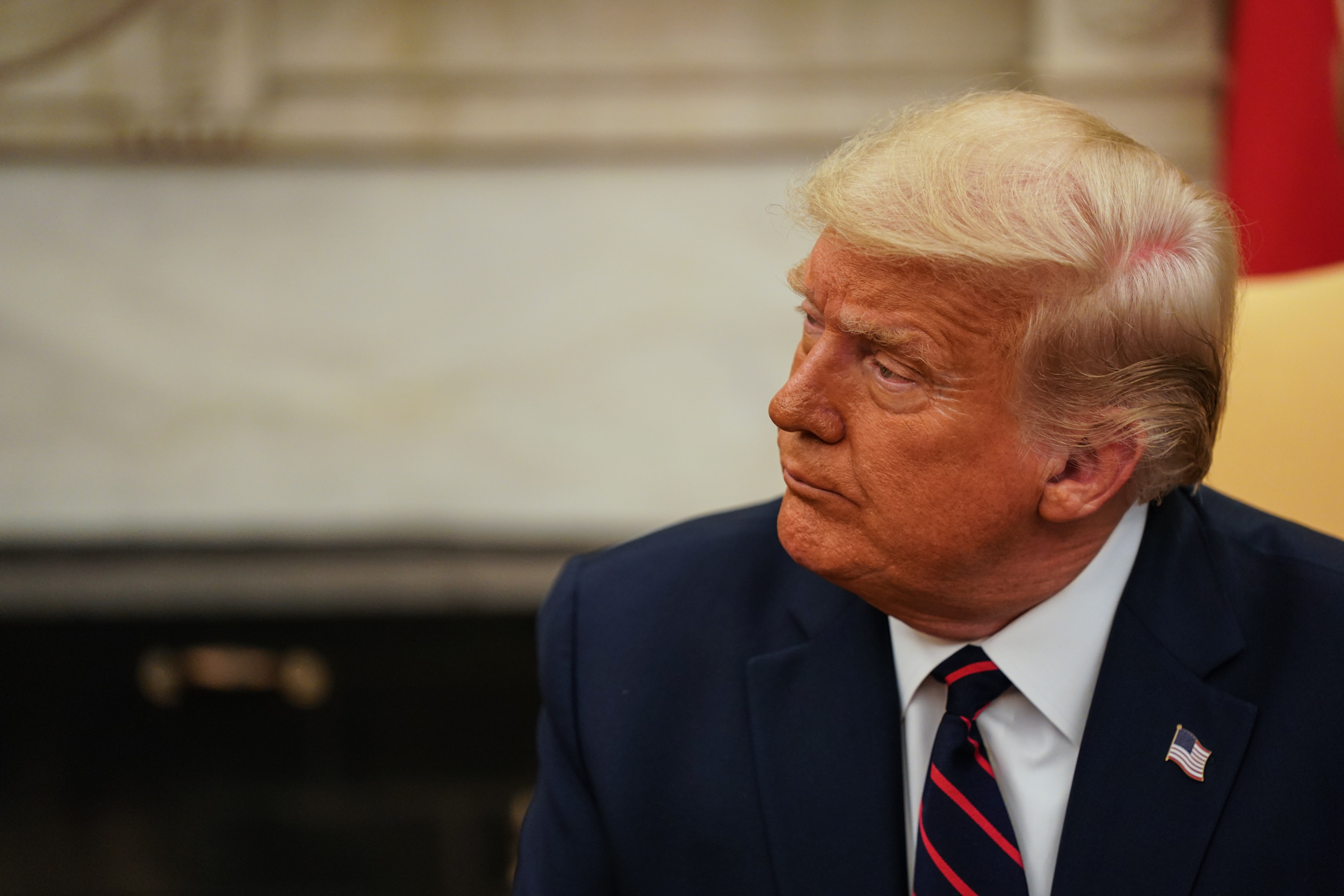 epa08614891 US President Donald J. Trump participates in a bilateral meeting with Iraqi Prime Minister Mustafa al-Kadhimi (not pictured), in the Oval Office of the White House in Washington, DC, USA, on 20 August 2020.  EPA-EFE/Anna Moneymaker / POOL