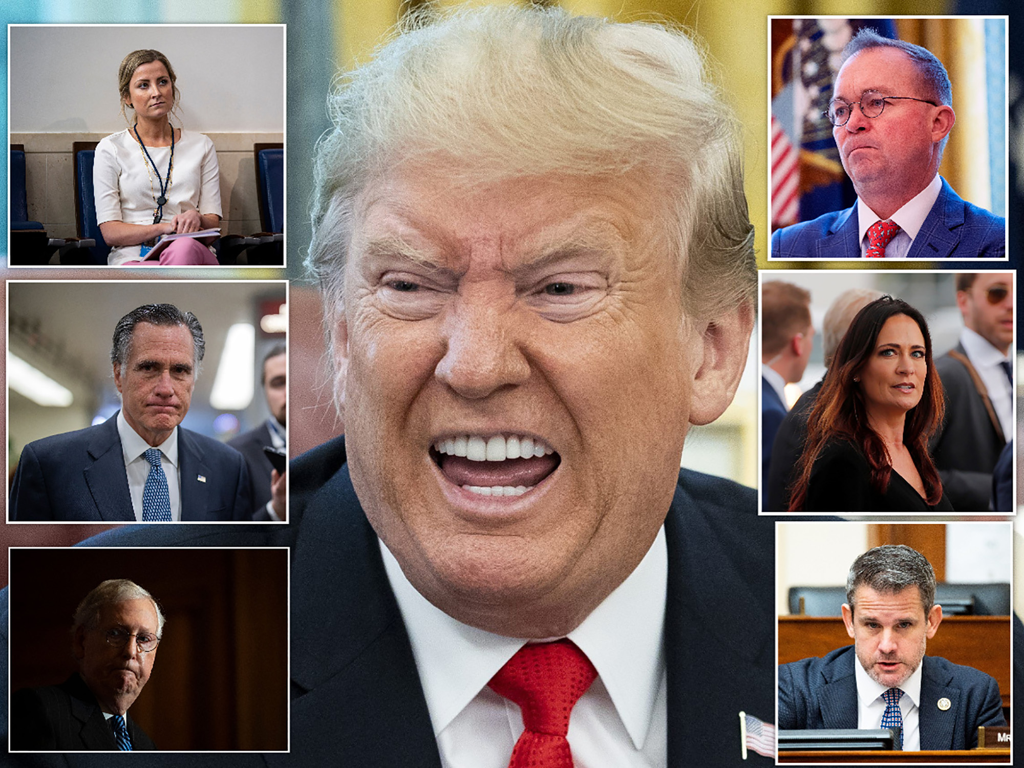 Mitch McConnell
adam kinzinger
mick mulvaney
Stephanie Grisham
Sarah Matthews
Mitt Romney