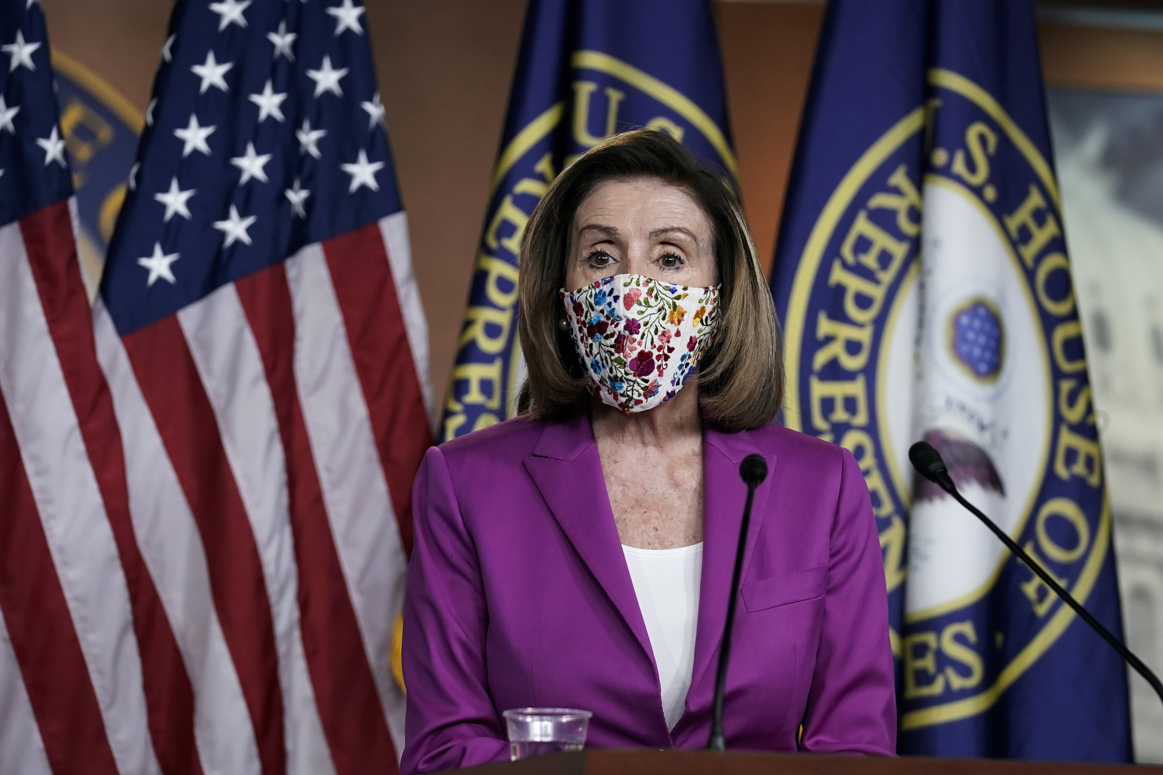 Speaker of the House Nancy Pelosi, D-Calif., holds a news conference on the day after violent protesters loyal to President Donald Trump stormed the U.S. Congress, at the Capitol in Washington, Thursday, Jan. 7, 2021. (AP Photo/J. Scott Applewhite)