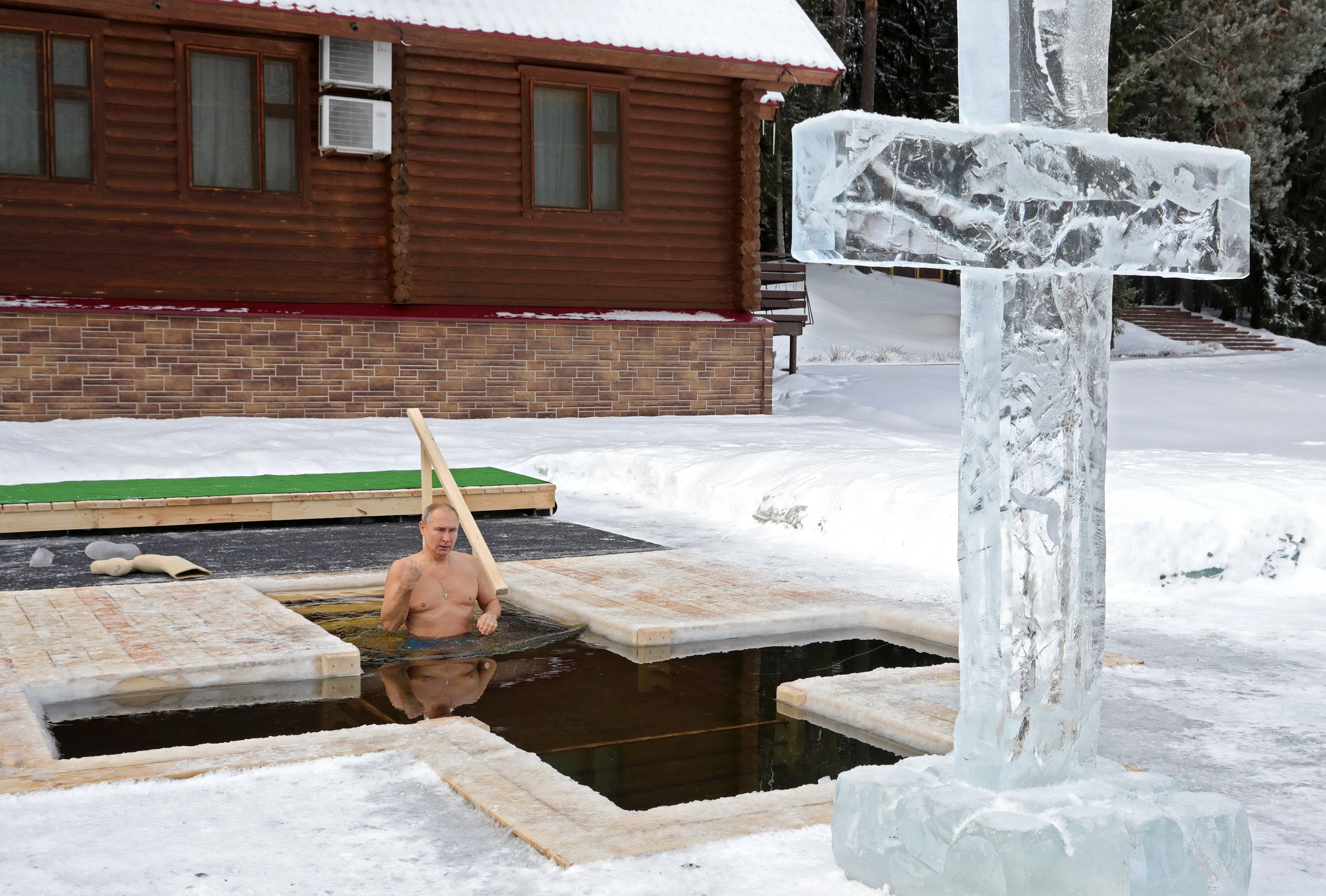 Russian President Vladimir Putin takes a cold bath during Orthodox Epiphany holiday in Moscow Region