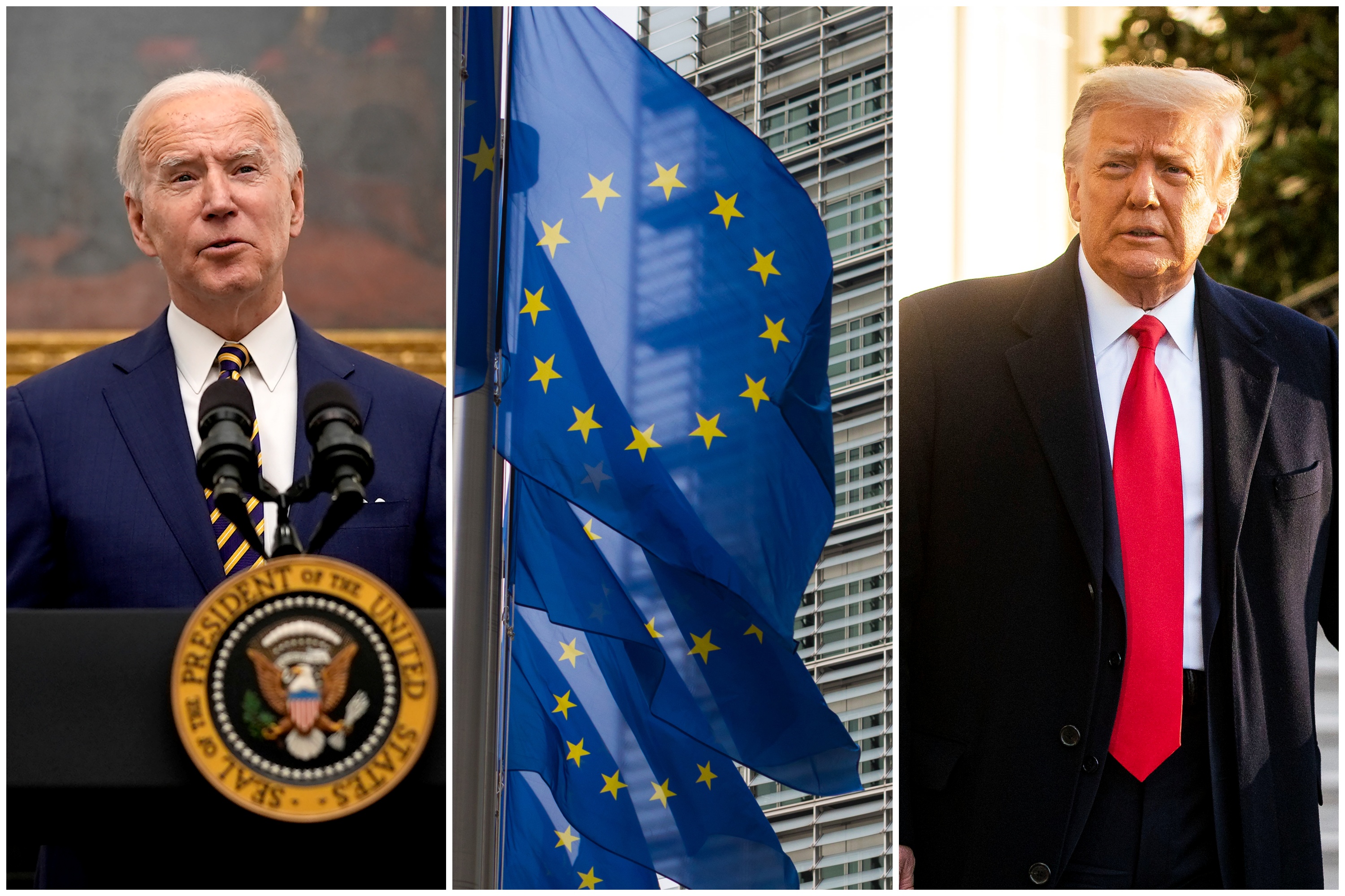 Bajden, zastava EU, Donald Tramp, kombo Foto: EPA-EFE/Ken Cedeno/AL DRAGO/Shutterstock