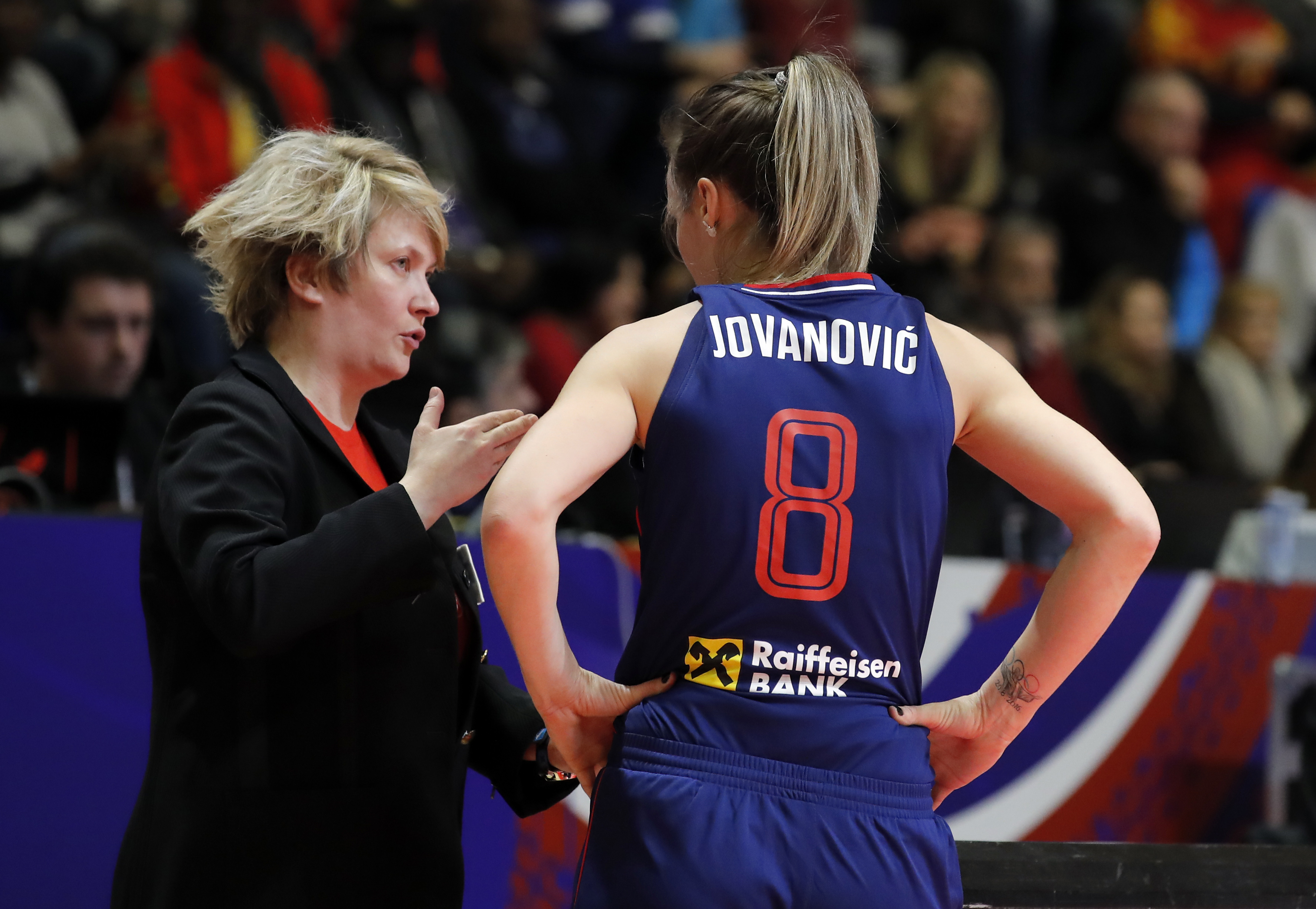 Serbias coach Marina Maljkovic Serbias Nevena Jovanovic women's Olympic qualifying basketball match between United States and Serbia in Belgrade, Serbia on Feb. 6, 2020. (credit image &amp; photo: Pedja Milosavljevic/STARSPORT)