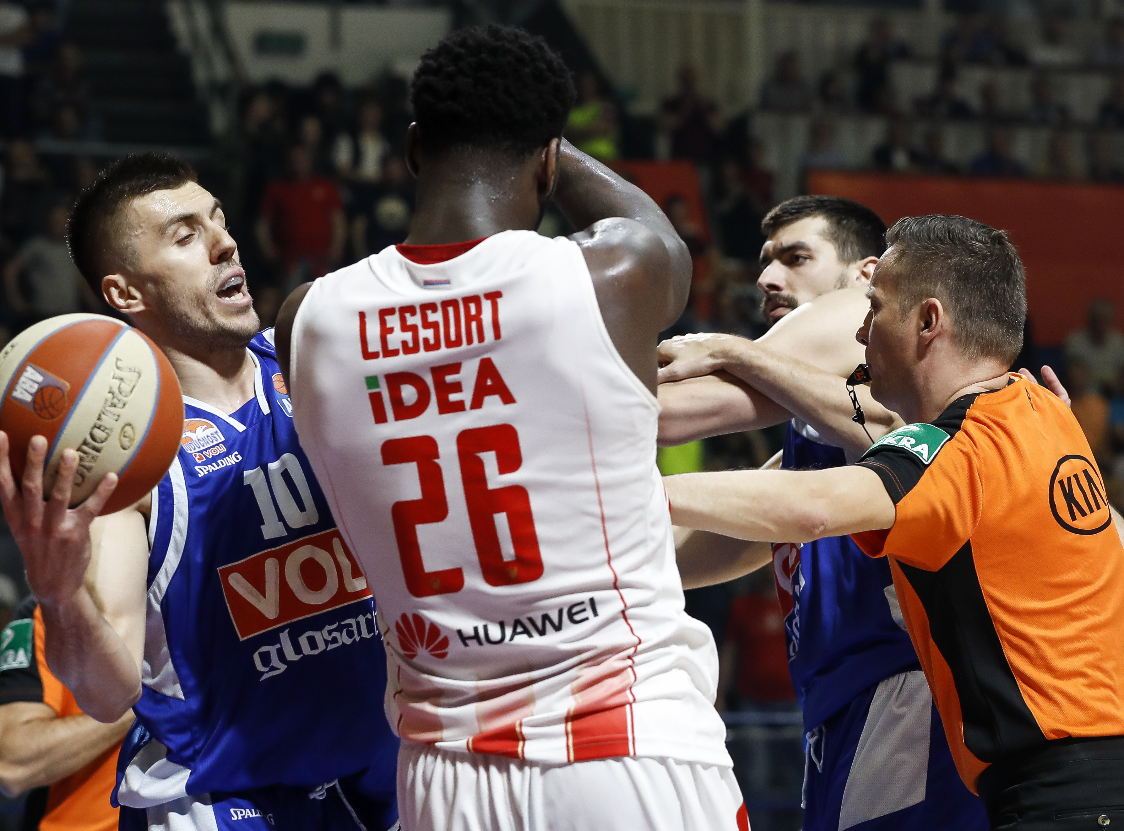 Kosarka-Play Off Final Game Two ABA League season 2017-2018
Crvena Zvezda v Buducnost (Podgorica)
Nemanja Gordic (L) Mathias Lessort (C) and Filip Barovic
Beograd, 10.04.2018.
foto: Srdjan Stevanovic/Starsportphoto ©
