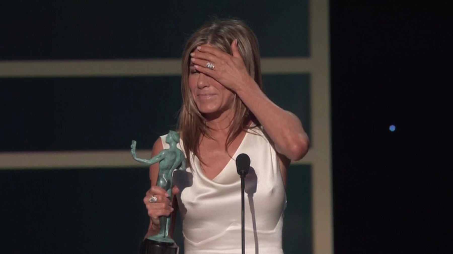 Jennifer Aniston looks completely stunned as she wins Best Actress in a Drama Series for The Morning Show at the SAG Awards