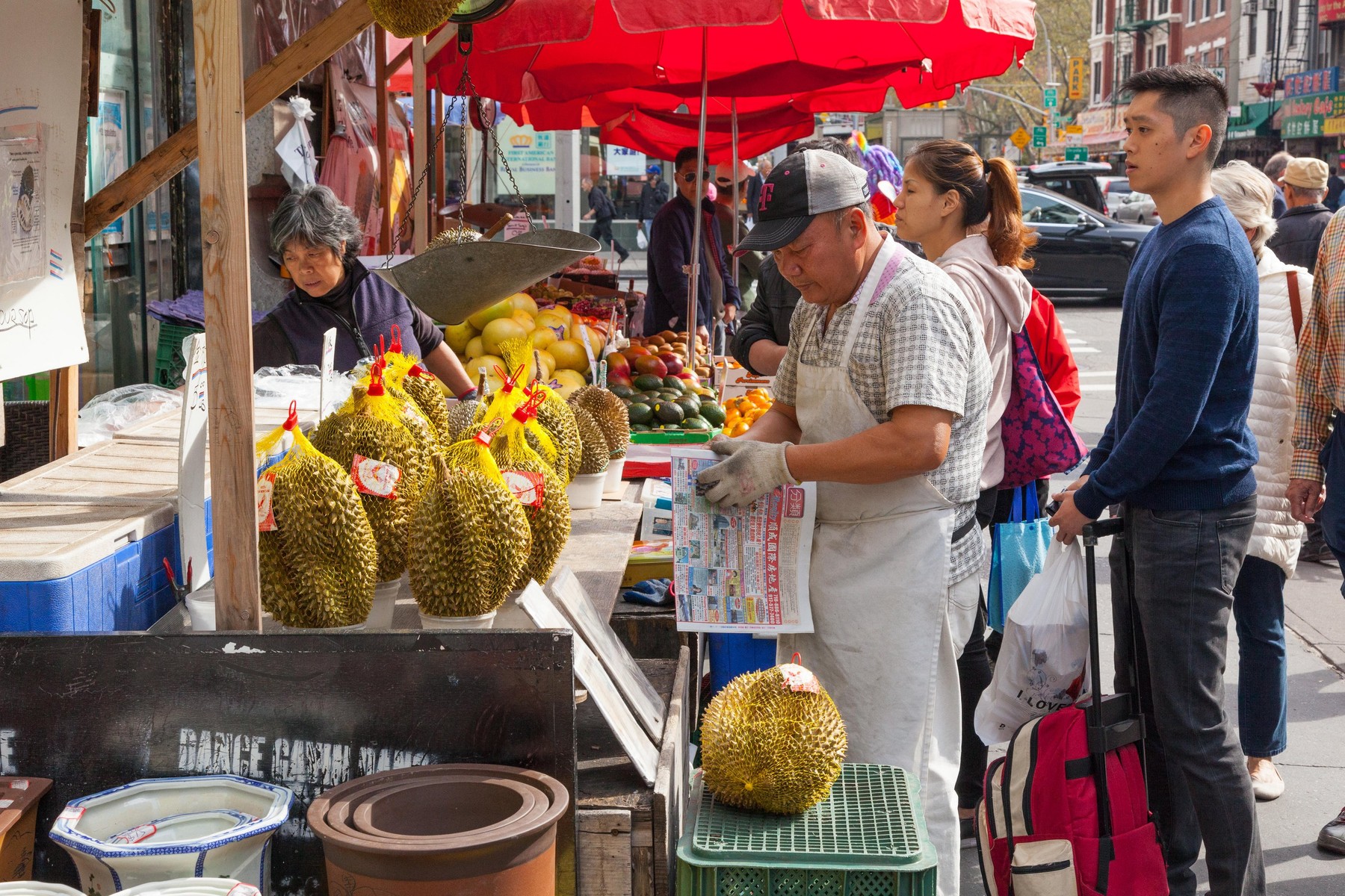 Durian fruit for sale on Elizabeth St, Chinatown, New York City, United States of America.