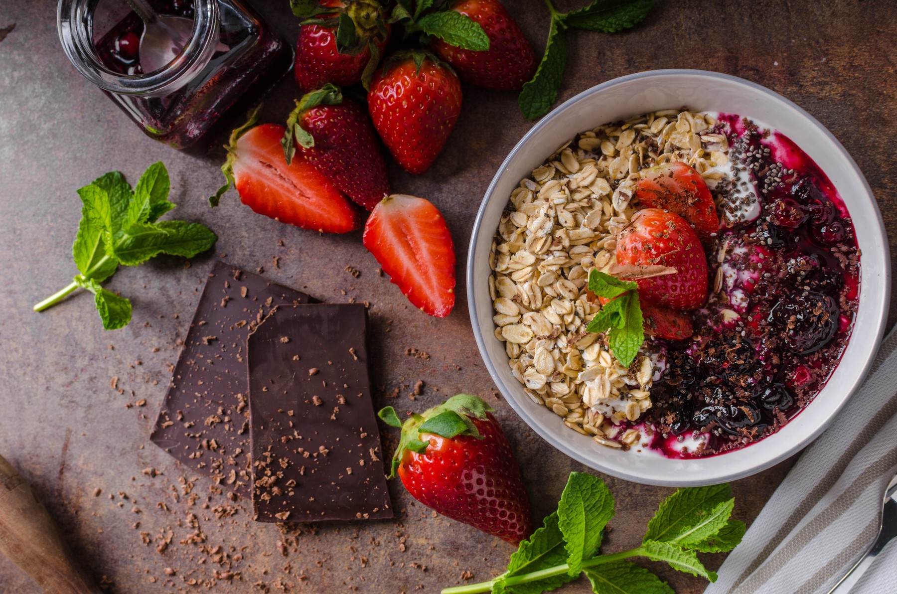 Granola with berries and strawberries sprinkled with dark chocolate,Image: 528863774, License: Royalty-free, Restrictions: , Model Release: no, Credit line: Petr Štěpánek / Panthermedia / Profimedia