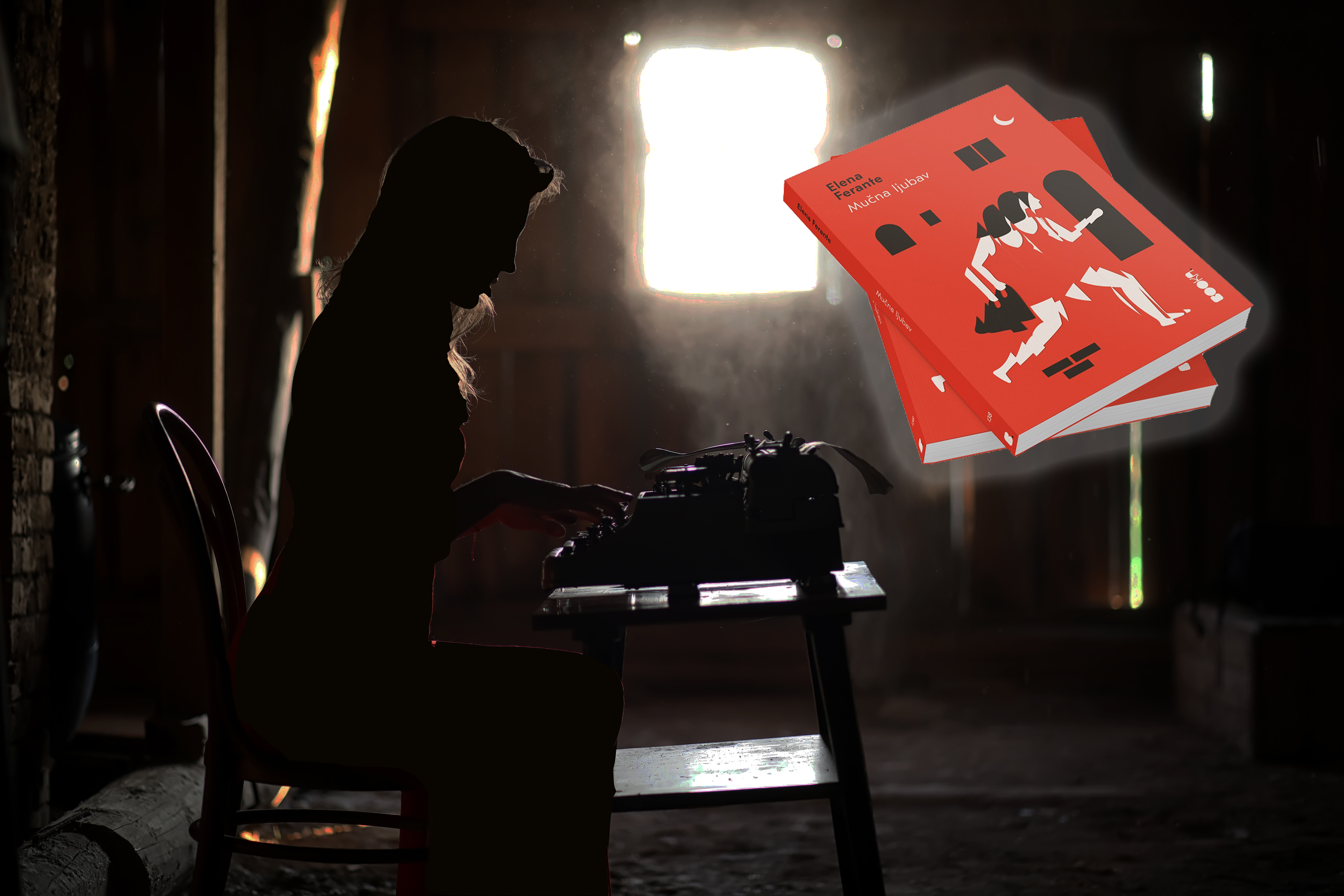 Silhouette of a beautiful girl in a red dress on the background of a window in an old house