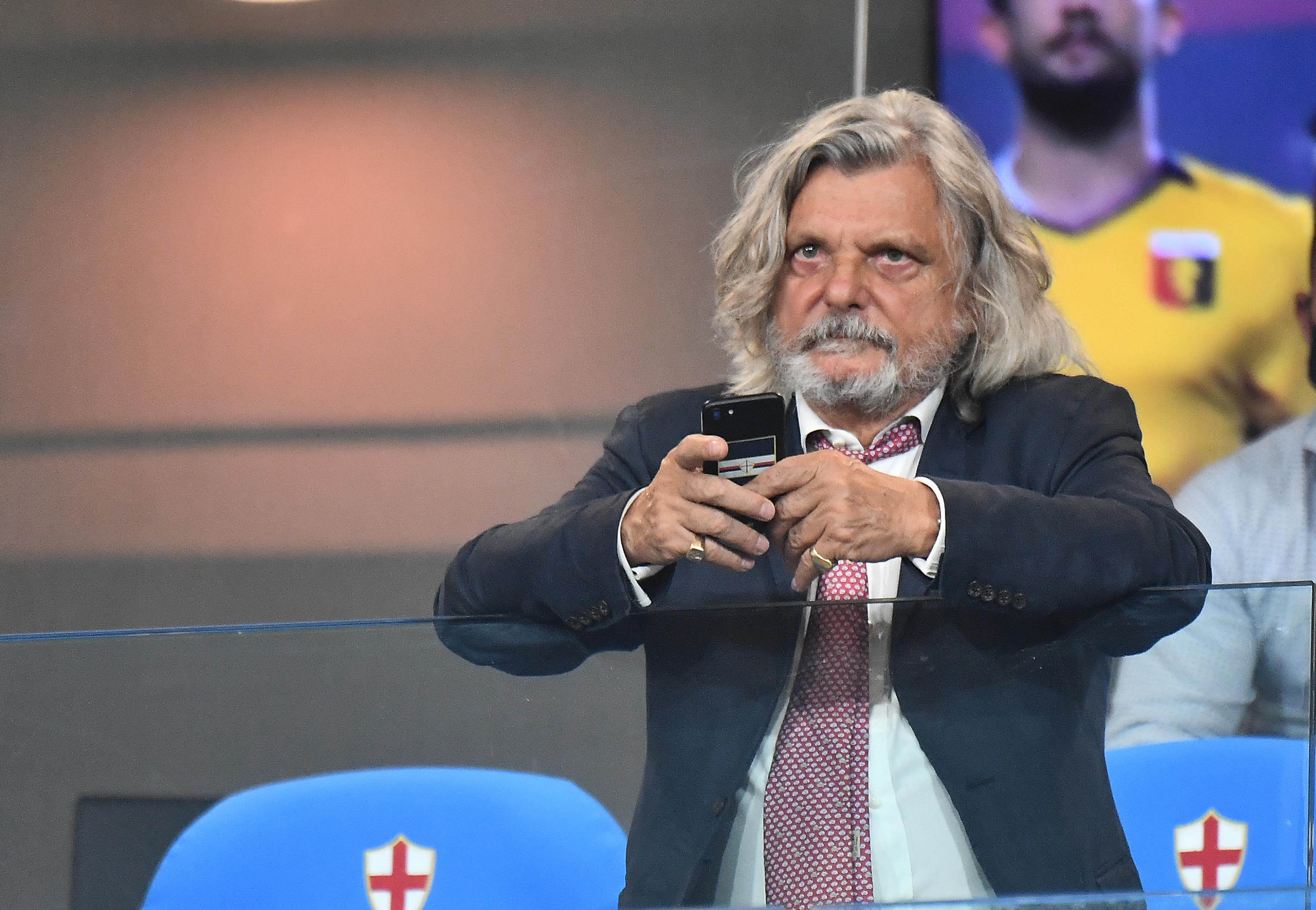 epa08561433 President of Uc Sampdoria Massimo Ferrero in tribune prior the Italian Serie A soccer match between UC Sampdoria vs Genoa CFC at the Luigi Ferraris stadium in Genoa, Italy 22 July 2020.  EPA-EFE/LUCA ZENNARO