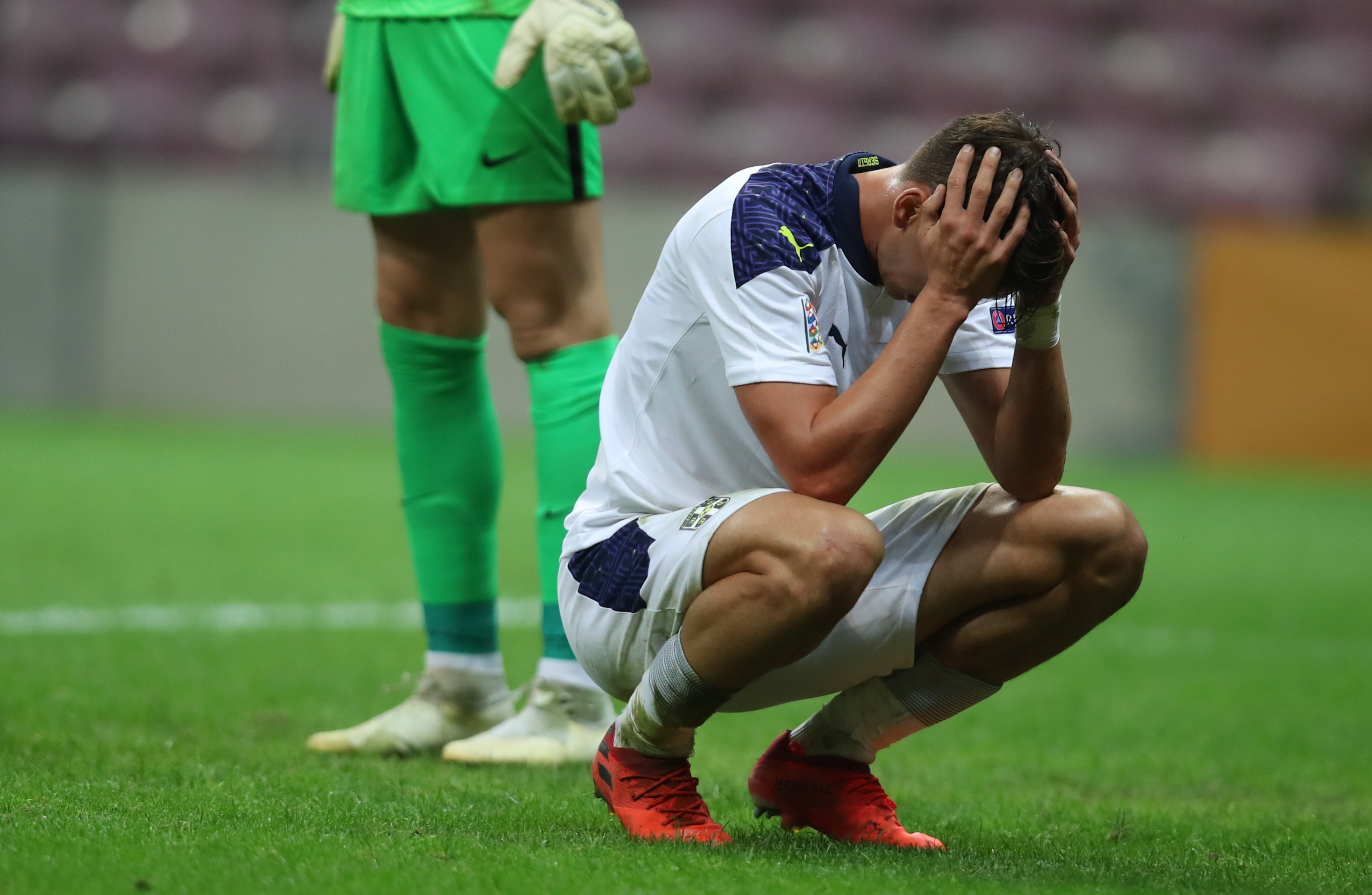 epa08745626 Filip Djuricic of Serbia reacts during the UEFA Nations League soccer match between Turkey and Serbia in Istanbul, Turkey, 14 October 2020.  EPA-EFE/TOLGA BOZOGLU
