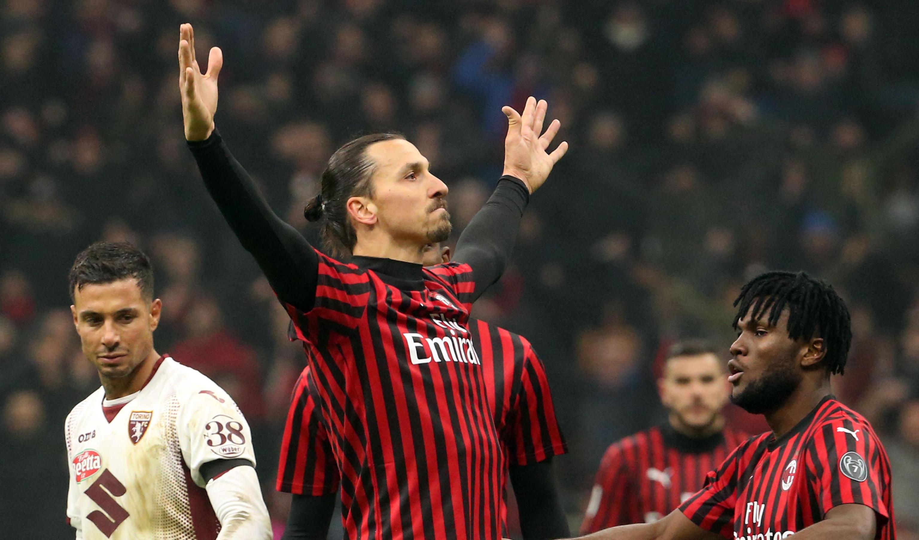 epa08173823 Milan's Zlatan Ibrahimovic jubilates after scoring the goal during the Italy Cup quarter final soccer match AC Milan vs Torino FC at the Giuseppe Meazza stadium in Milan, Italy, 28 January 2020.  EPA-EFE/MATTEO BAZZI