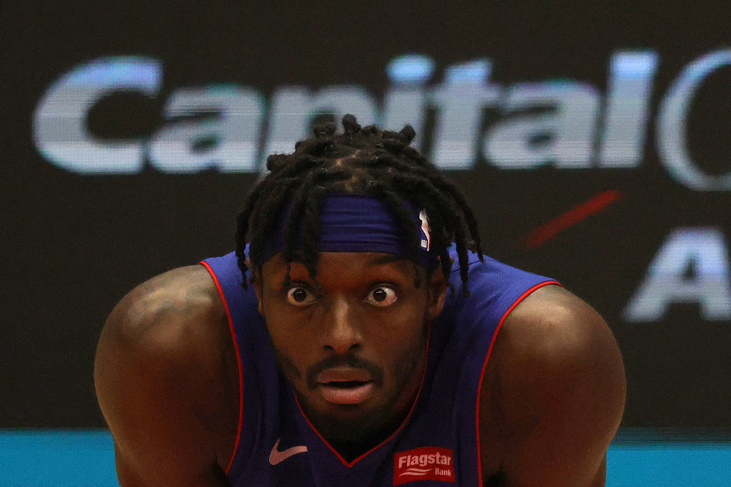 epa08894970 Jerami Grant of the Detroit Pistons looks on during a free throw in the second half of a preseason game against the Washington Wizards at Capital One Arena in Washington, DC, USA 19 Decemberr 2020.  EPA-EFE/Rob Carr / POOL  SHUTTERSTOCK OUT