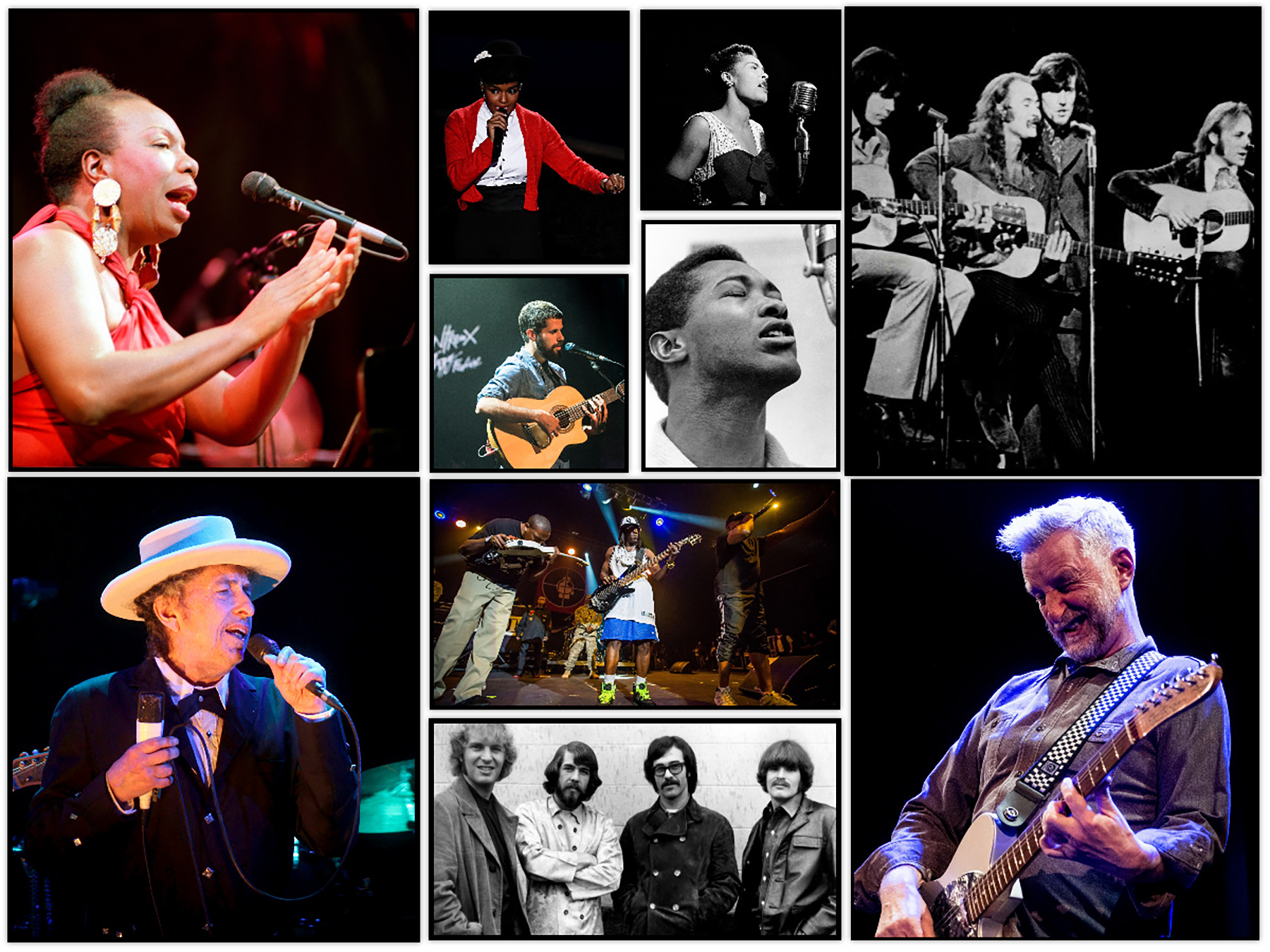 Bob Dilan, Nina Simon, Bili Holidej, Bili Breg, Sem Kuk, Pablik enemi, Žanel Mone, Nik Malvi, Krozbi Stils Neš i Jang, Kridens klirvoter rivajvl