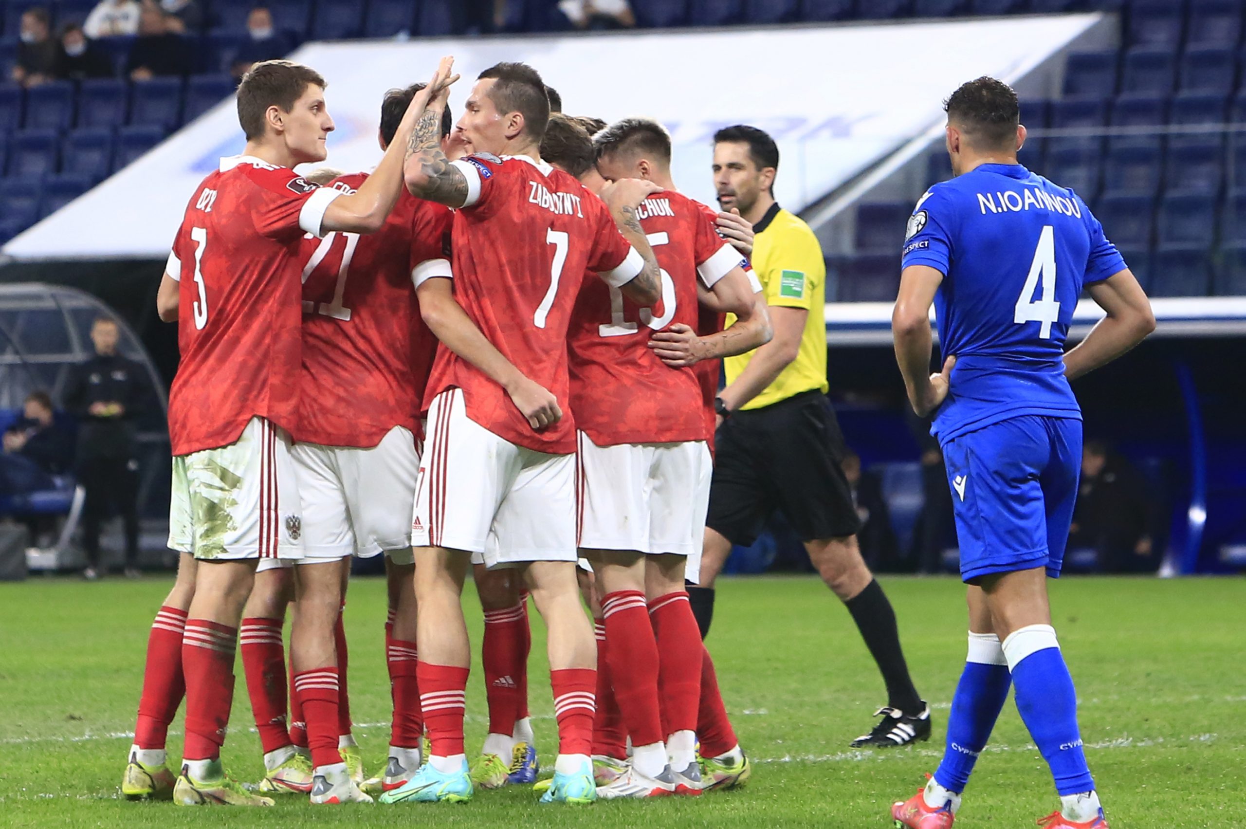 Russia's players celebrate after scoring a goal during the World Cup 2022 group H qualifying soccer match between Russia and Cyprus at the Gazprom Arena in St. Petersburg, Russia, Thursday, Nov. 11, 2021. (AP Photo)