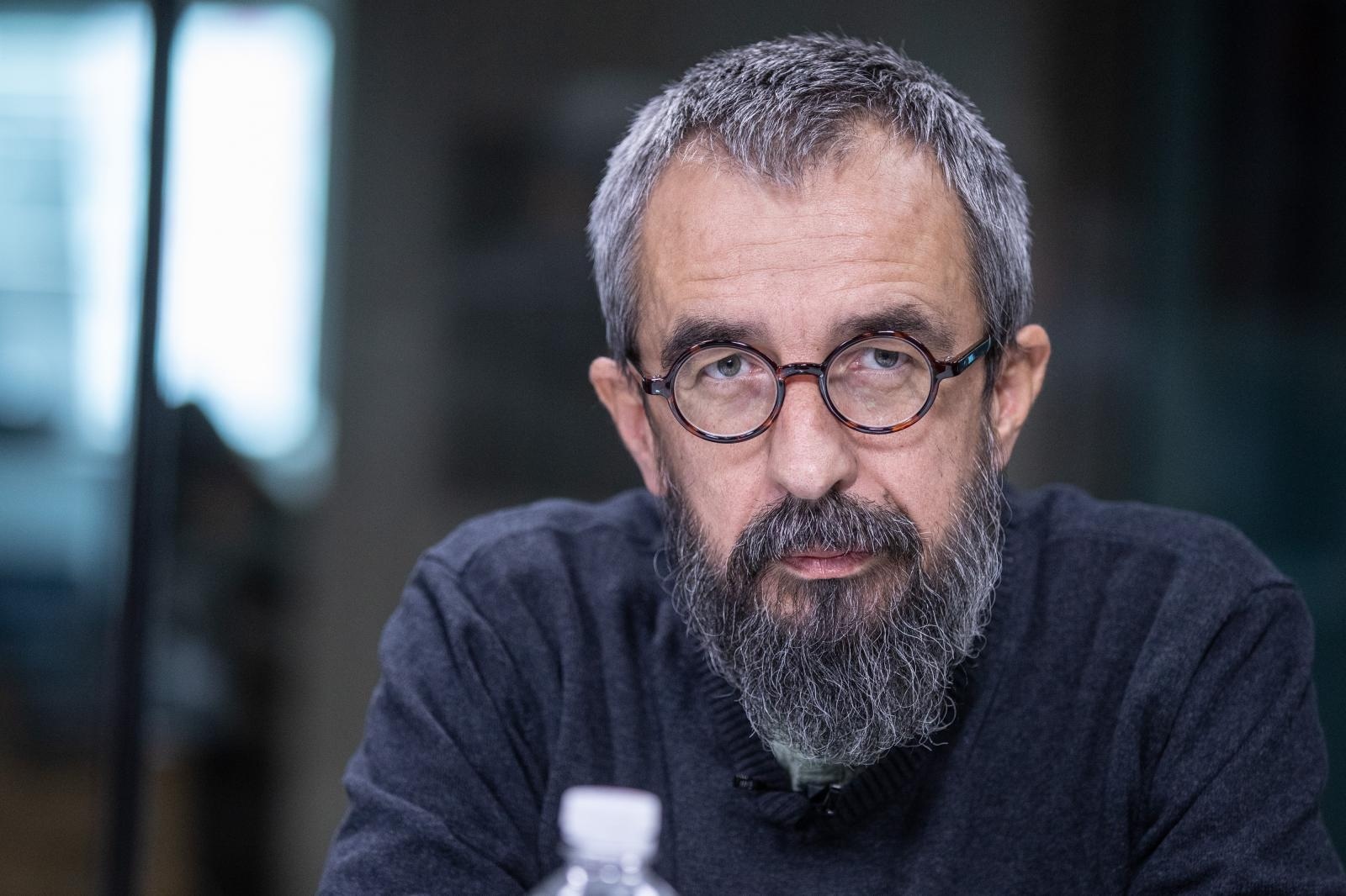 14.11.2019., Zagreb - Kordinator knjizevne nagrade Fric, Kruno Lokotar i tri finalista nagrade sireg izbora; Damir Karakas, Darko Cvijetic i Zoran Malkoc. Darko Cvijetic.
Photo: Davor Puklavec/PIXSELL