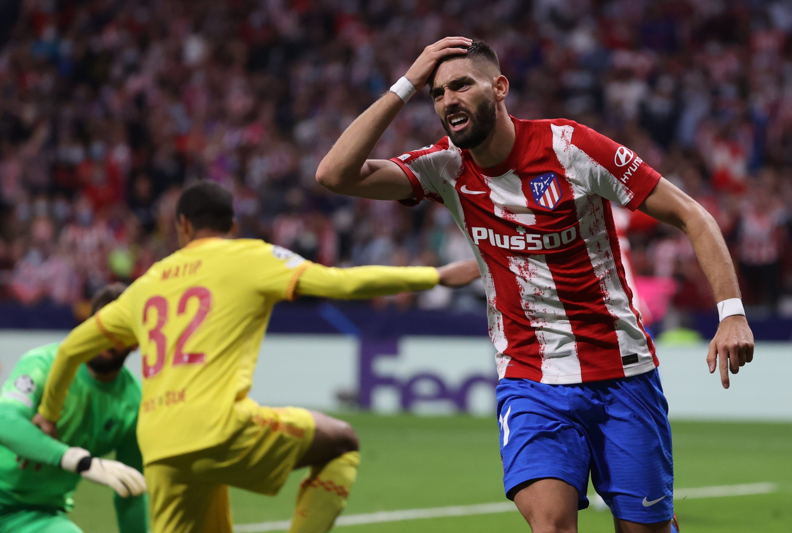 epa09533045 Atletico Madrid's Yannick Carrasco reacts  during the UEFA Champions League group B soccer match between Atletico Madrid and Liverpool FC at Wanda Metropolitano stadium in Madrid, Spain, 19 October 2021.  EPA-EFE/Juanjo Martin