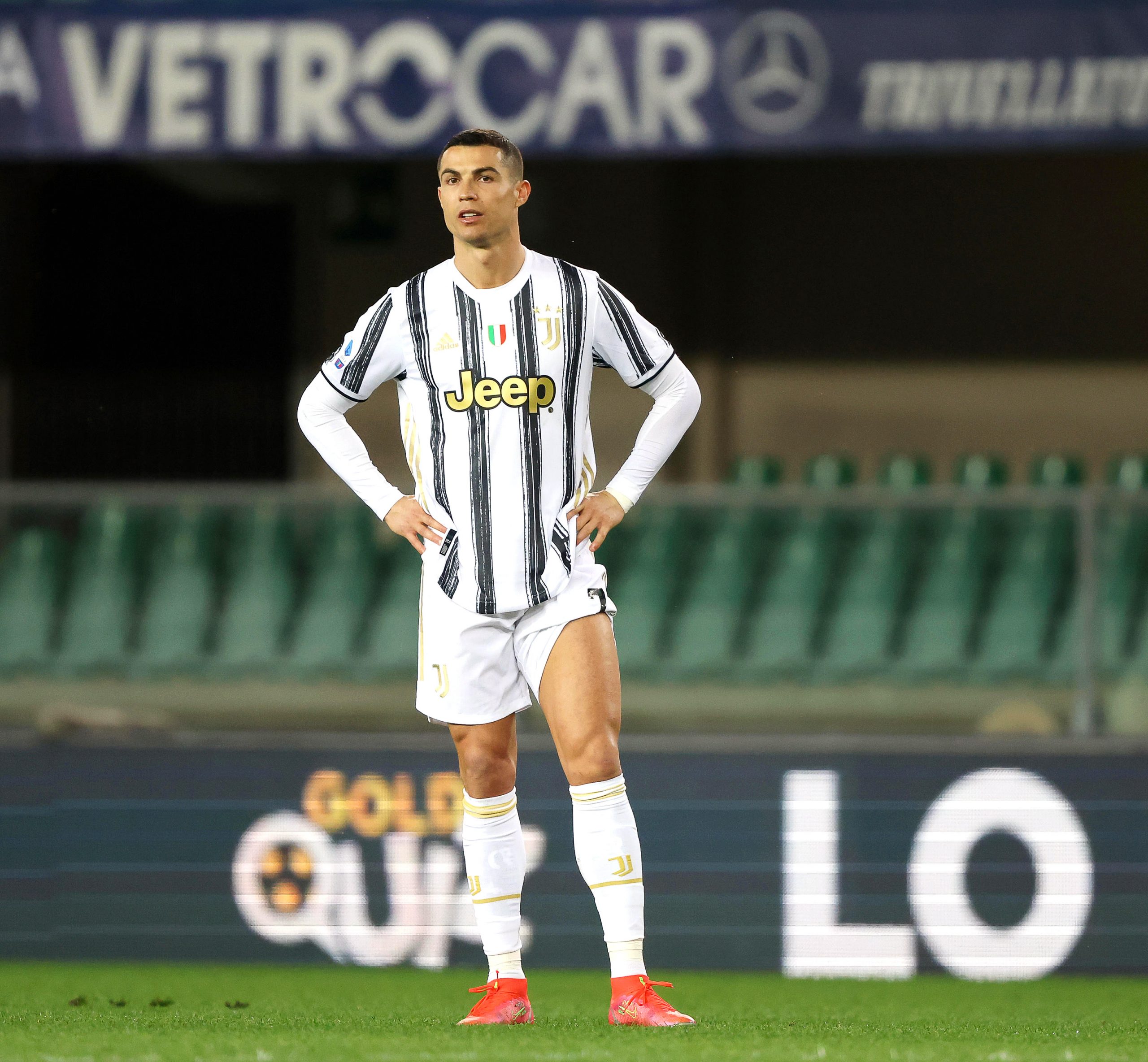 epa09041524 Juventus' Cristiano Ronaldo reacts during the Italian Serie A soccer match between Hellas Verona FC and Juventus FC at Marcantonio Bentegodi stadium in Verona, Italy, 27 February 2021.  EPA-EFE/FILIPPO VENEZIA