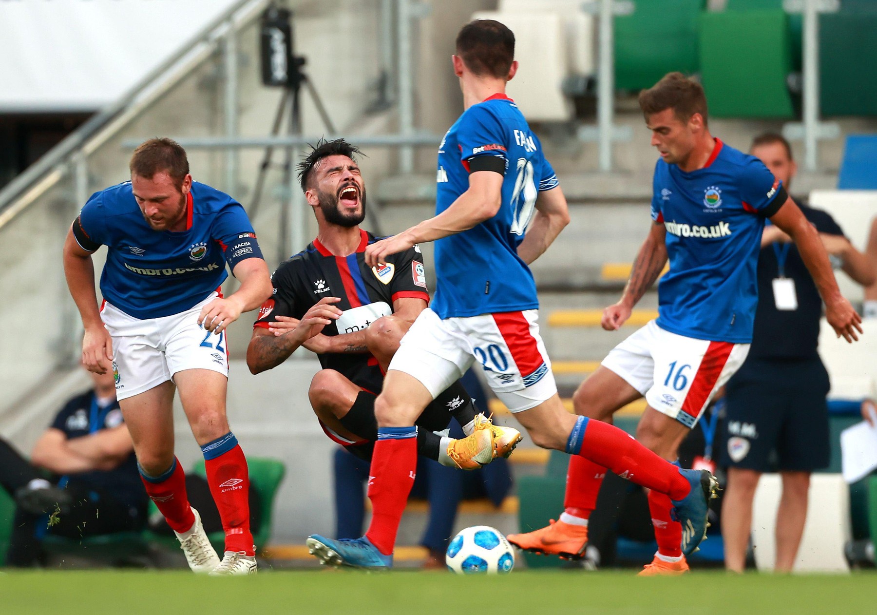 Borac iz Banjaluke - Linfild, Borac Banja Luka's Panagiotis Moraitis is fouled by Linfield's Jamie Mulgrew (left) during the UEFA Europa Conference League second qualifying round, first leg match at Windsor Park, Belfast.