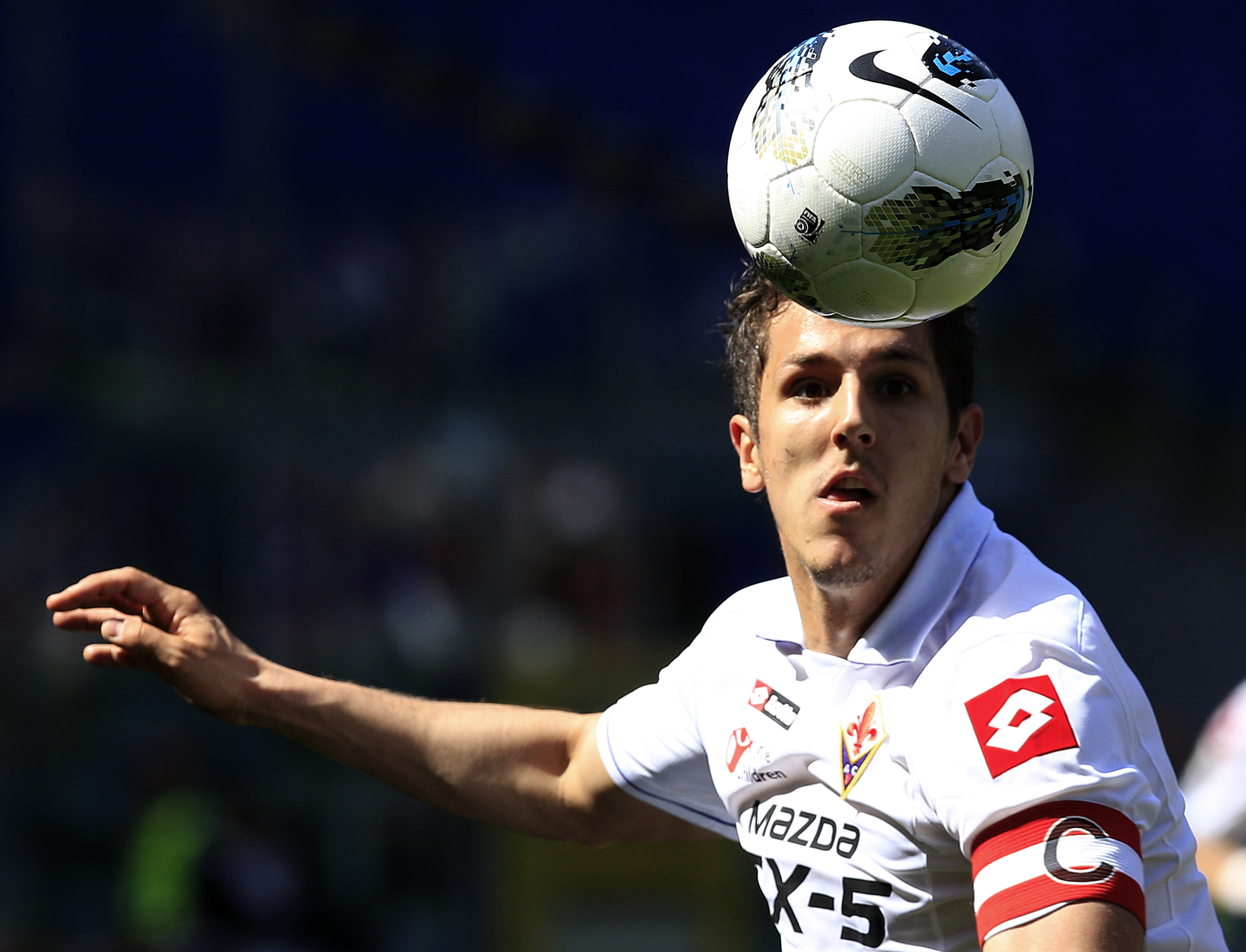 Fiorentina's Jovetic controls the ball during his Italian Serie A soccer match against AS Roma at the Olympic stadium in Rome