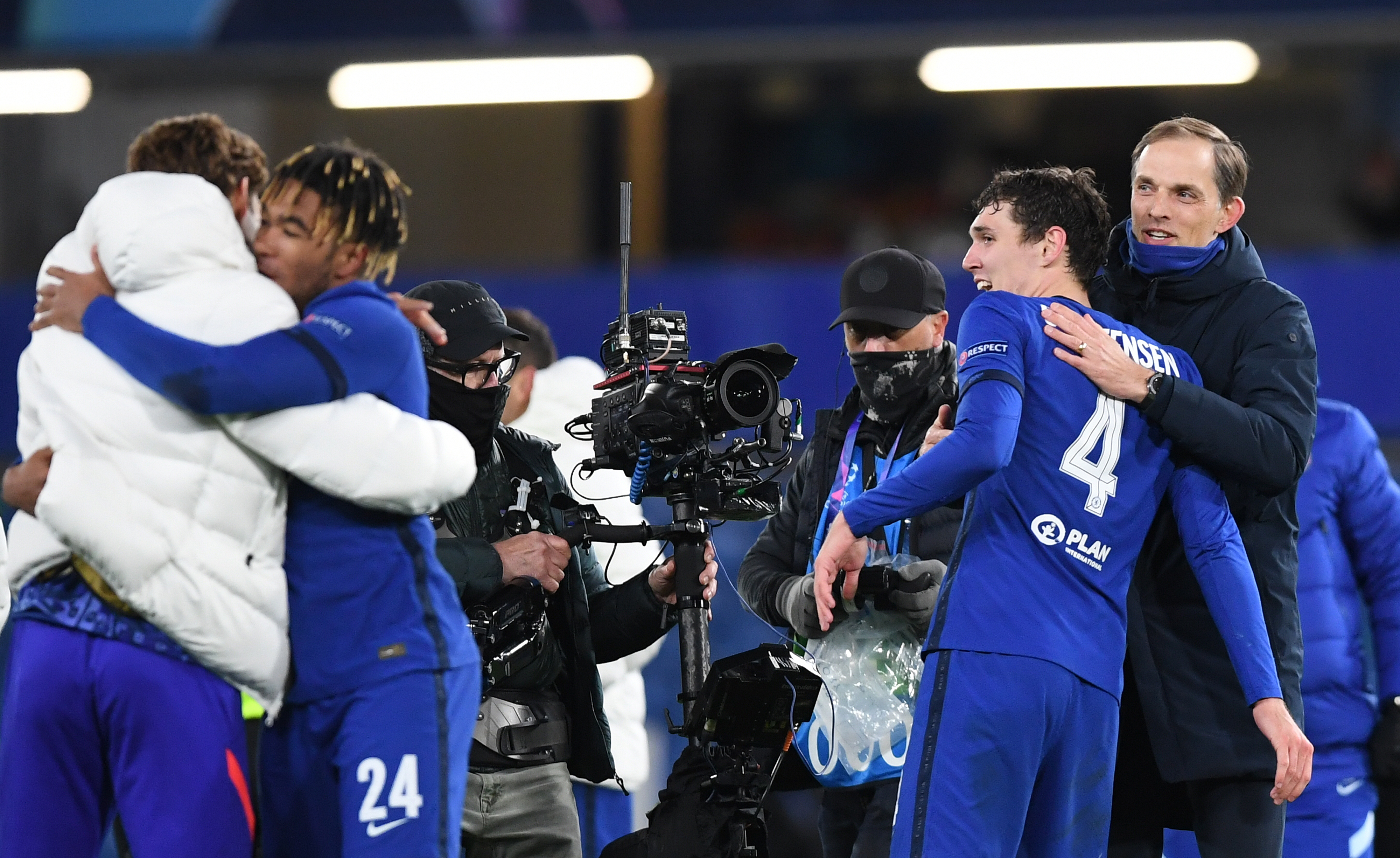 epa09179846 Chelsea manager Thomas Tuchel (R) celebrates with Andreas Christensen after winning the UEFA Champions League semi final, second leg soccer match between Chelsea FC and Real Madrid in London, Britain, 05 May 2021.  EPA-EFE/Neil Hall