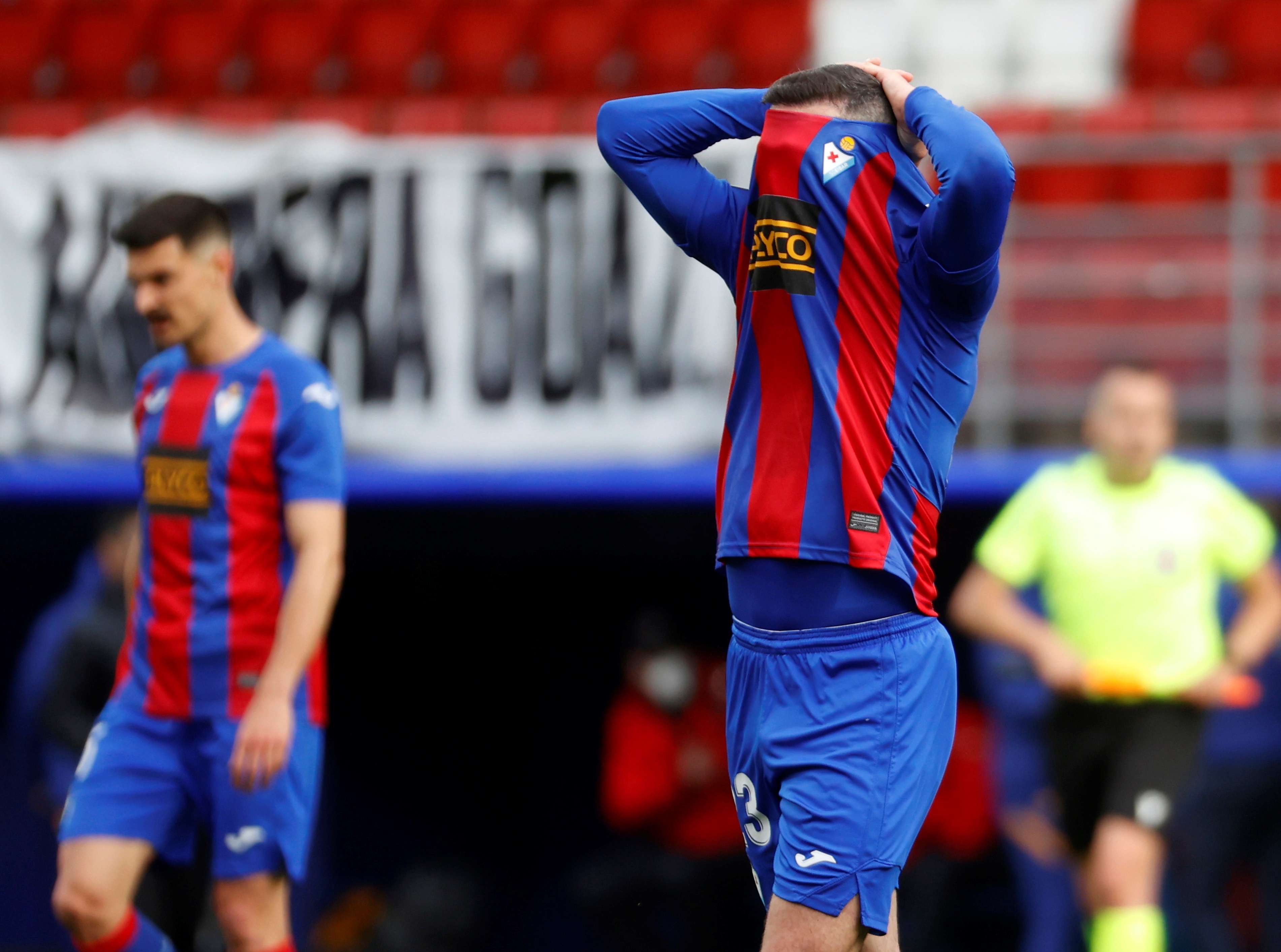epa09220890 Eibar's Miguel Atienza reacts after the team's defeat against FC Barcelona following their Spanish LaLiga Primera Division match between Eibar and Barcelona FC held at Irupua stadium in Eibar, Spain, 22 May 2021.  EPA-EFE/Javier Etxezarreta
