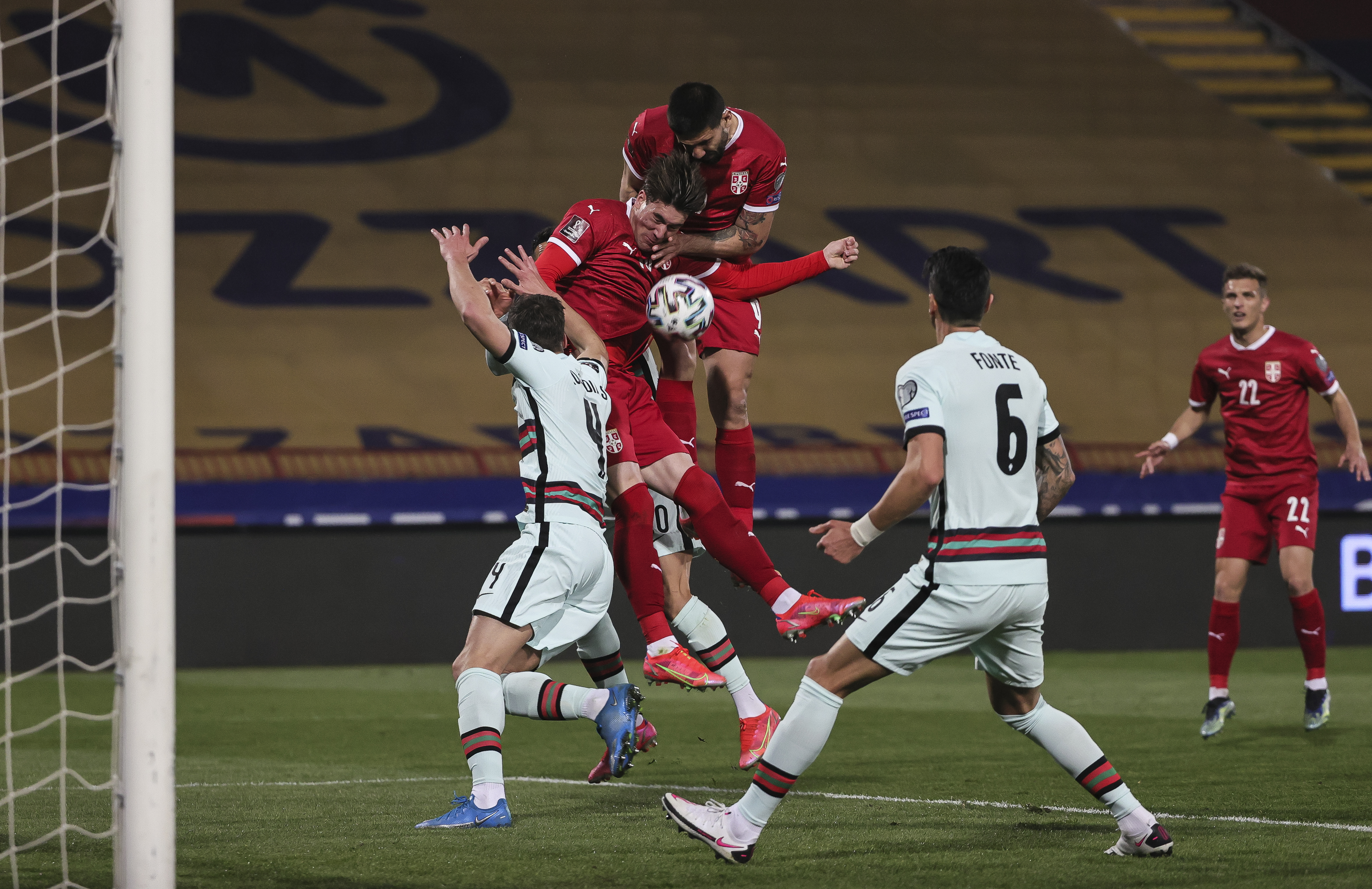Aleksandar Mitrovic (R)  Dusan Vlahovic (C) and Ruben Dias (L)
Fudbal-FIFA World Cup 2022 Qualifiers-Reprezentacija Srbije
Srbija v Portugal
Beograd, 27.03.2021.
foto: Srdjan StevanovicStarsportphoto ©