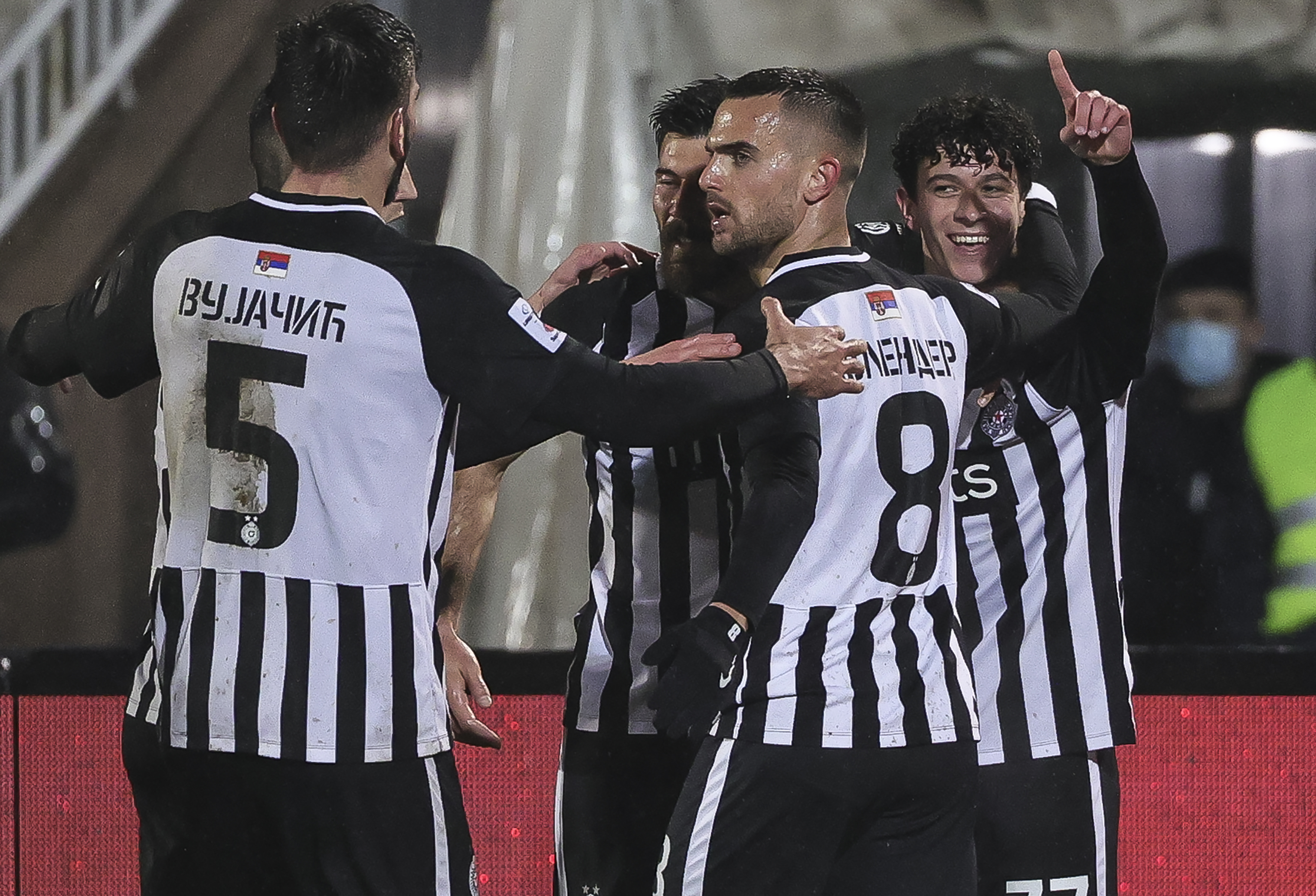 Fudbal-Super League Season 2020/2021
Partizan v Zlatibor
Nemanja Jovic (R) celebrates after scoring a goal with Igor Vujacic Milos Jojic Filip Holender
Beograd, 15.03.2021.
foto: Srdjan StevanovicStarsportphoto ©