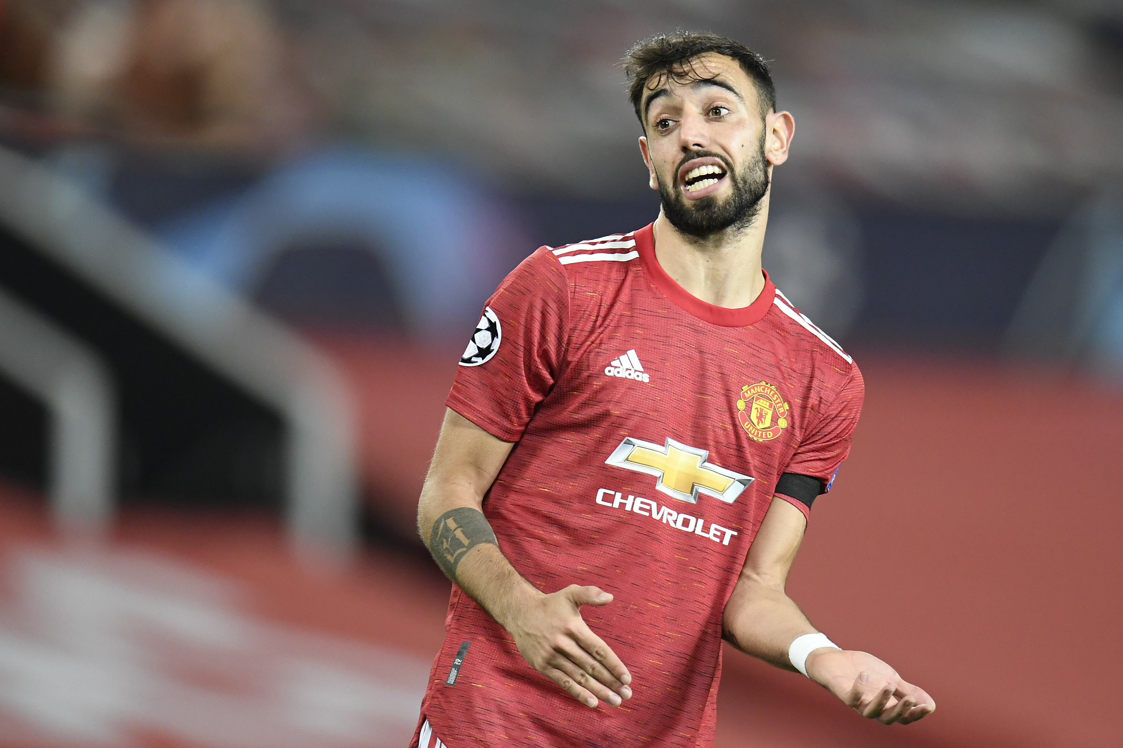 epa08840020 Bruno Fernandes of Manchester United reaccts during the UEFA Champions League group H soccer match between Manchester United and Istanbul Basaksehir in Manchester, Britain, 24 November 2020.  EPA-EFE/Peter Powell