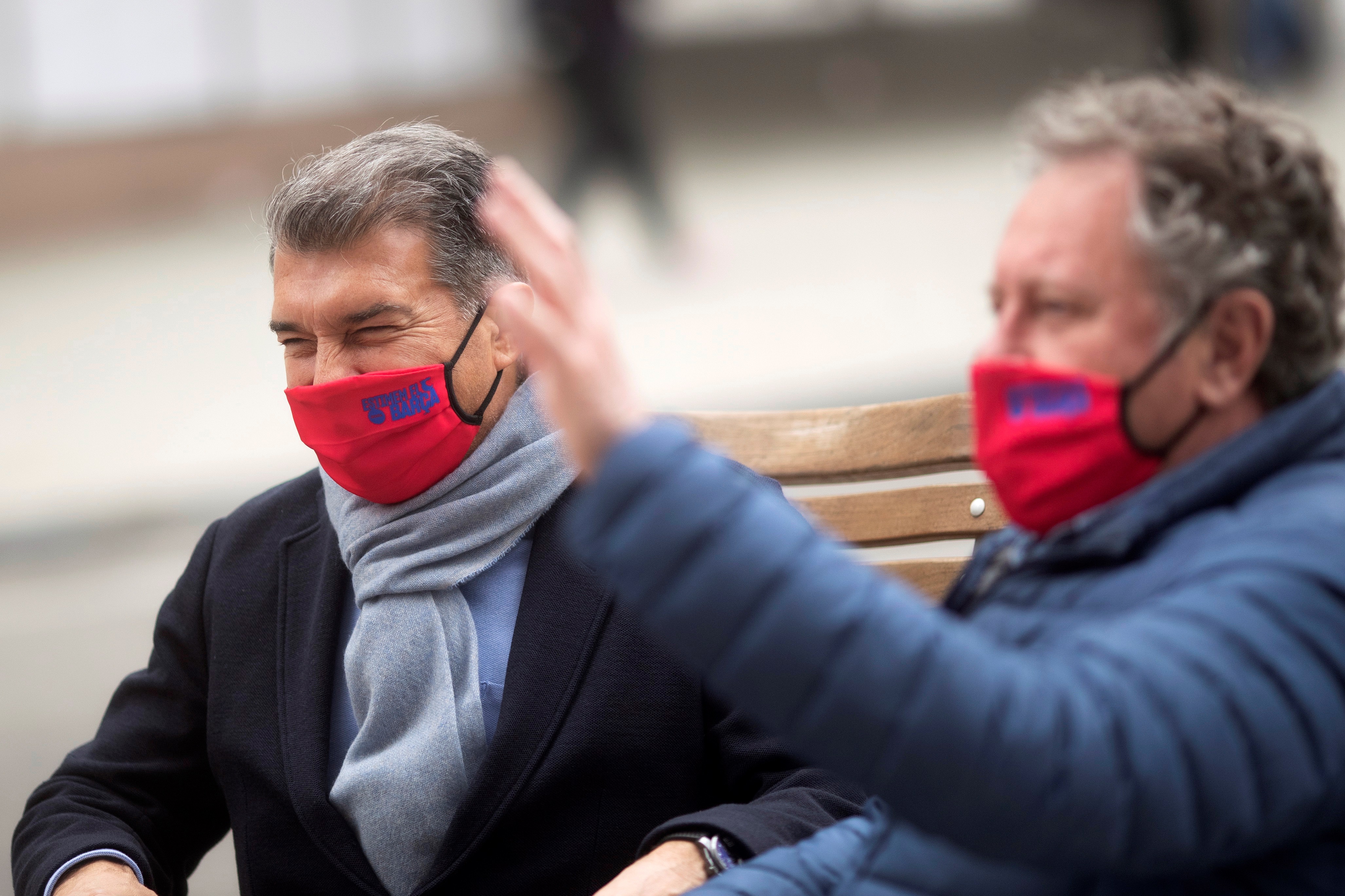 epa09056565 FC Barcelona former president and current presidential candidate Joan Laporta (L) is seen in Barcelona, Catalonia, Spain, 06 March 2021. The elections to the presidency of the club will be held on 07 March 2021.  EPA-EFE/Marta Perez