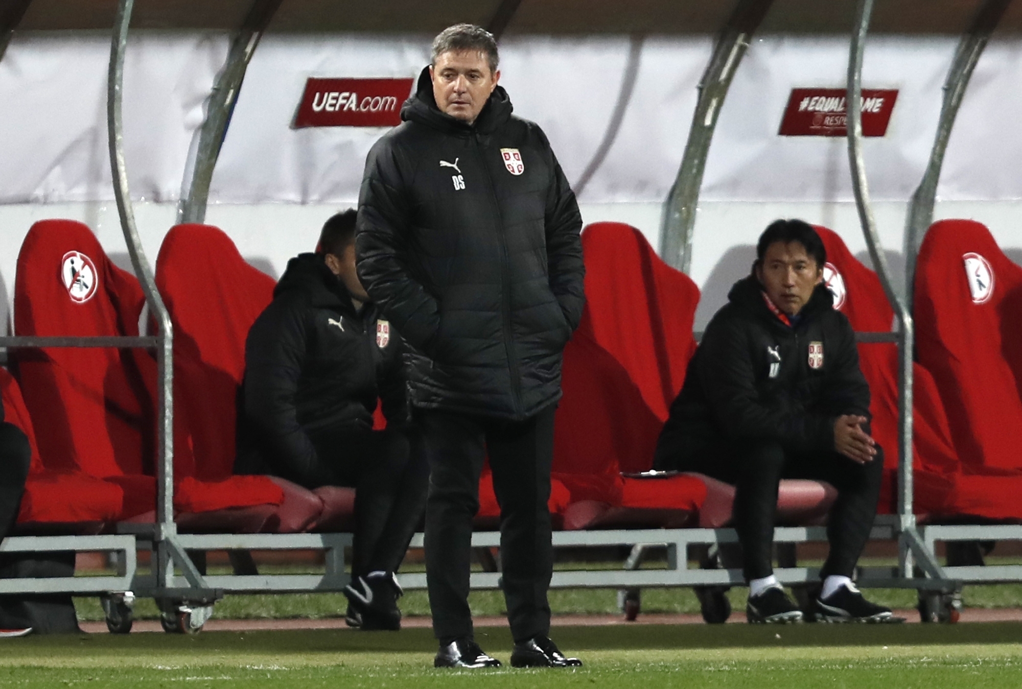 during the World Cup 2022 group A qualifying soccer match between Serbia and Ireland at the Rajko Mitic stadium in Belgrade, Serbia, Wednesday, March 24, 2021. (AP Photo/Darko Vojinovic)
