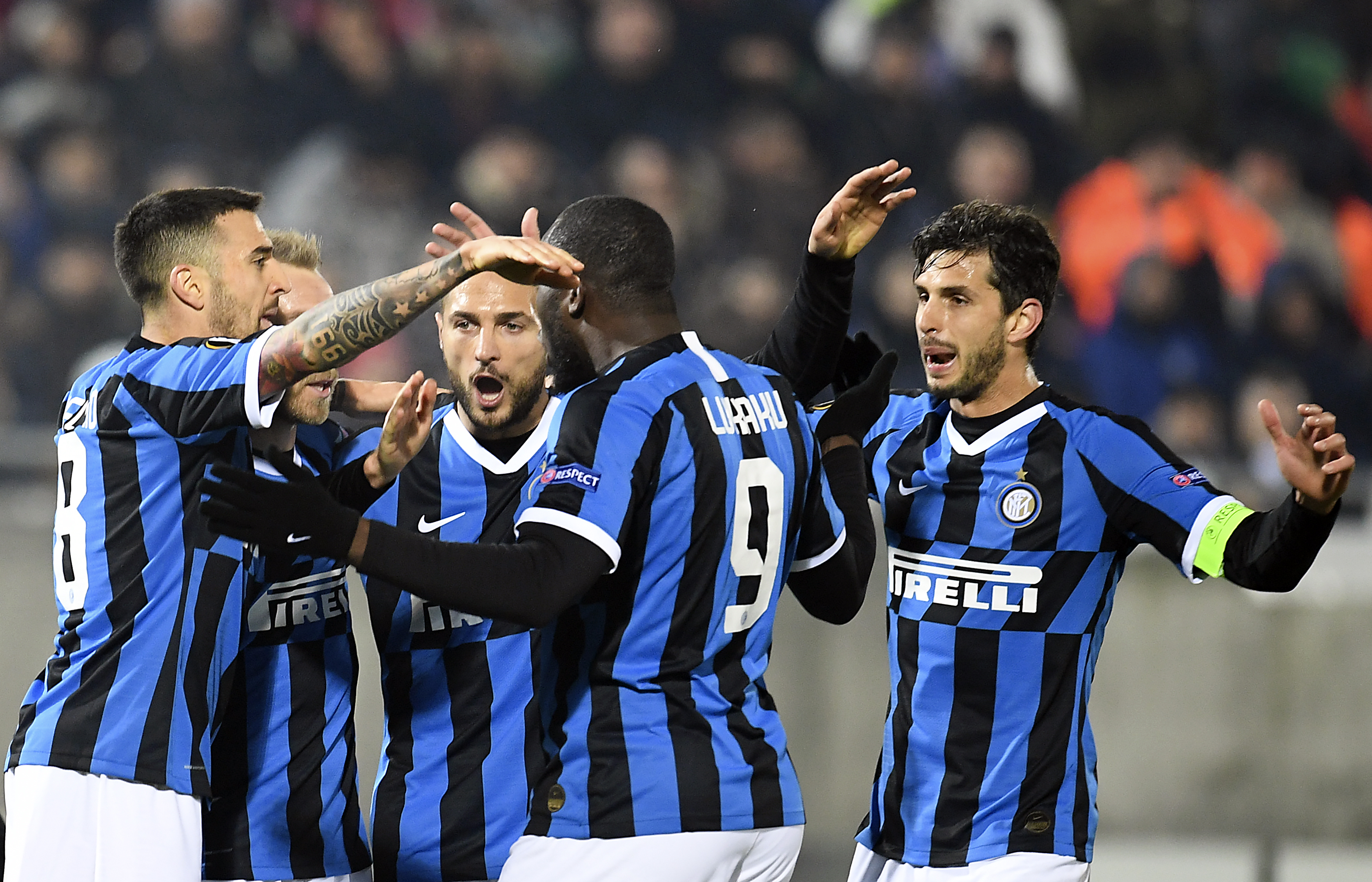 nter's Christian Eriksen (2-L) celebrates with teammates after scoring during the UEFA Europa League round of 32, first leg soccer match between PFC Ludogorets Razgrad and Inter Milan in Razgrad, Bulgaria, 20 February 2020.
