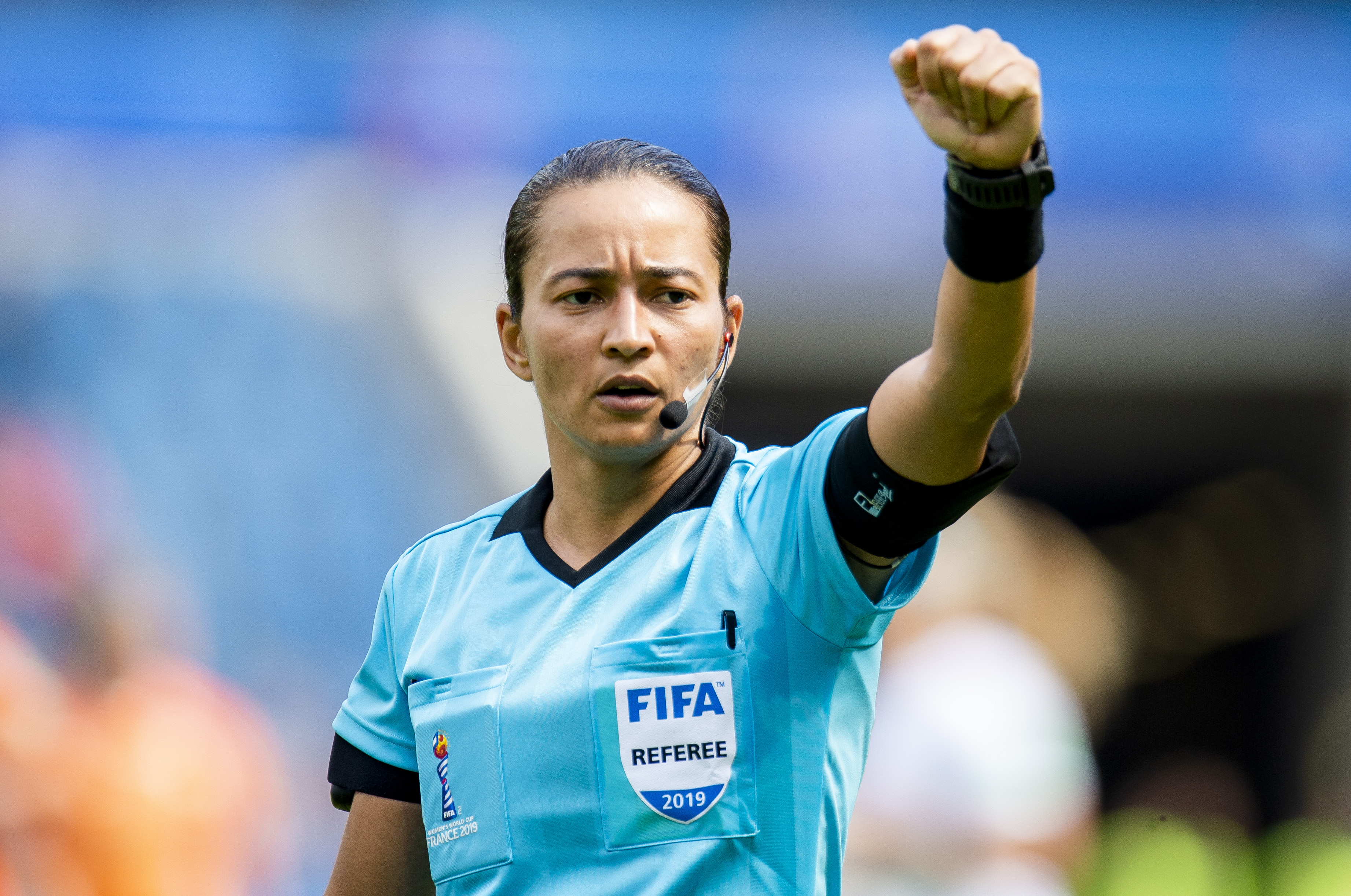 epa07642280 Referee Edina Alves Batista during the FIFA Women's World Cup 2019 Group E soccer match between New Zealand and the Netherlands held in Le Havre, France, 11 June 2019.  EPA-EFE/PETER POWELL