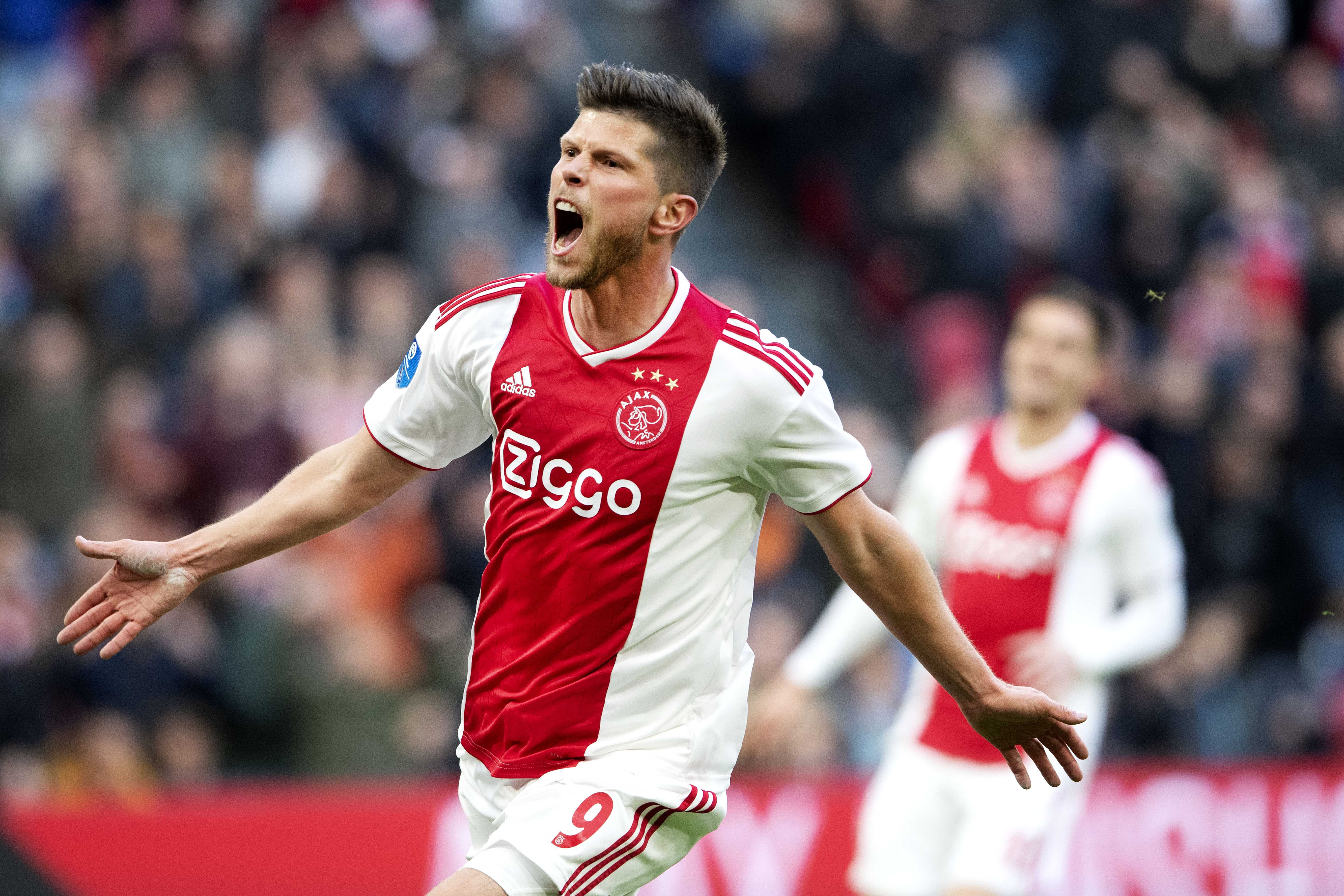 epa07504083 Klaas Jan Huntelaar of Ajax celebrates after he scores the 1-0 during the Eredivisie match Ajax against Excelsior in AMsterdam, Netherlands, 13 April 2019.  EPA-EFE/Olaf Kraak