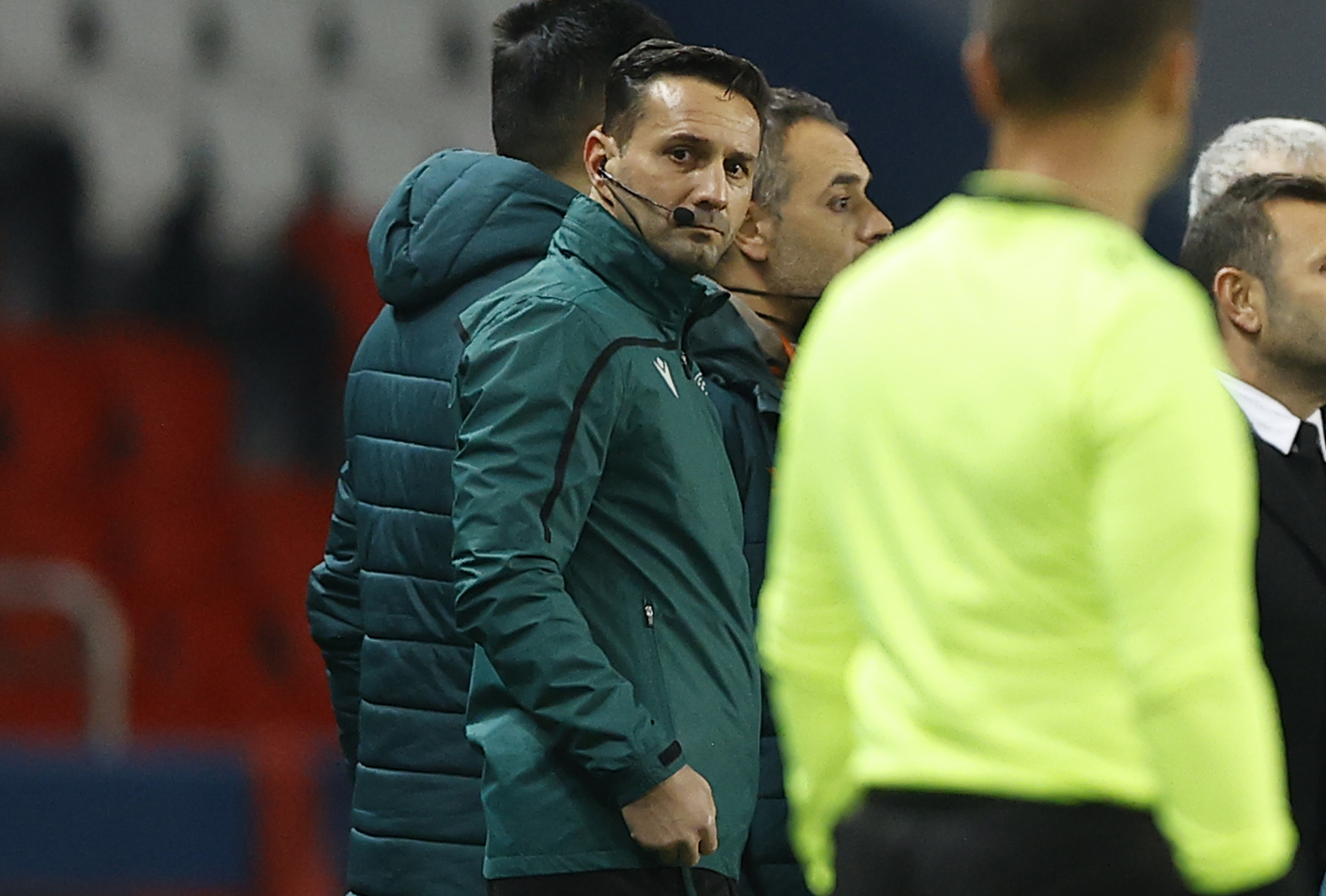epa08871436 Romanian 4th referee Sebastian Coltescu reacts during the UEFA Champions League group H soccer match between Paris Saint-Germain (PSG) and Istanbul Basaksehir in Paris, France, 08 December 2020.  EPA-EFE/IAN LANGSDON