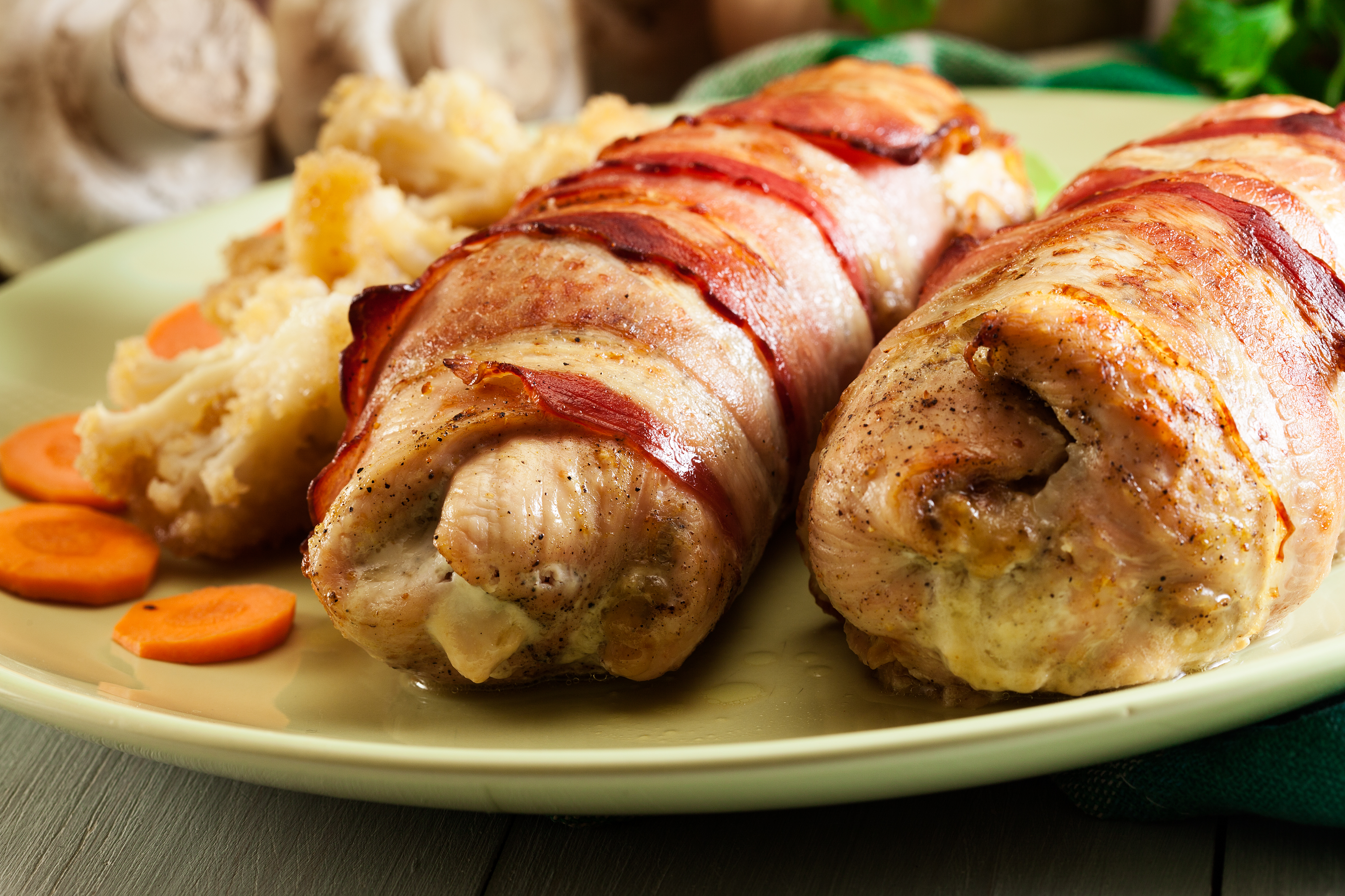 Chicken,Breast,Stuffed,With,Champignon,,Onion,And,Cheese,Wrapped,With