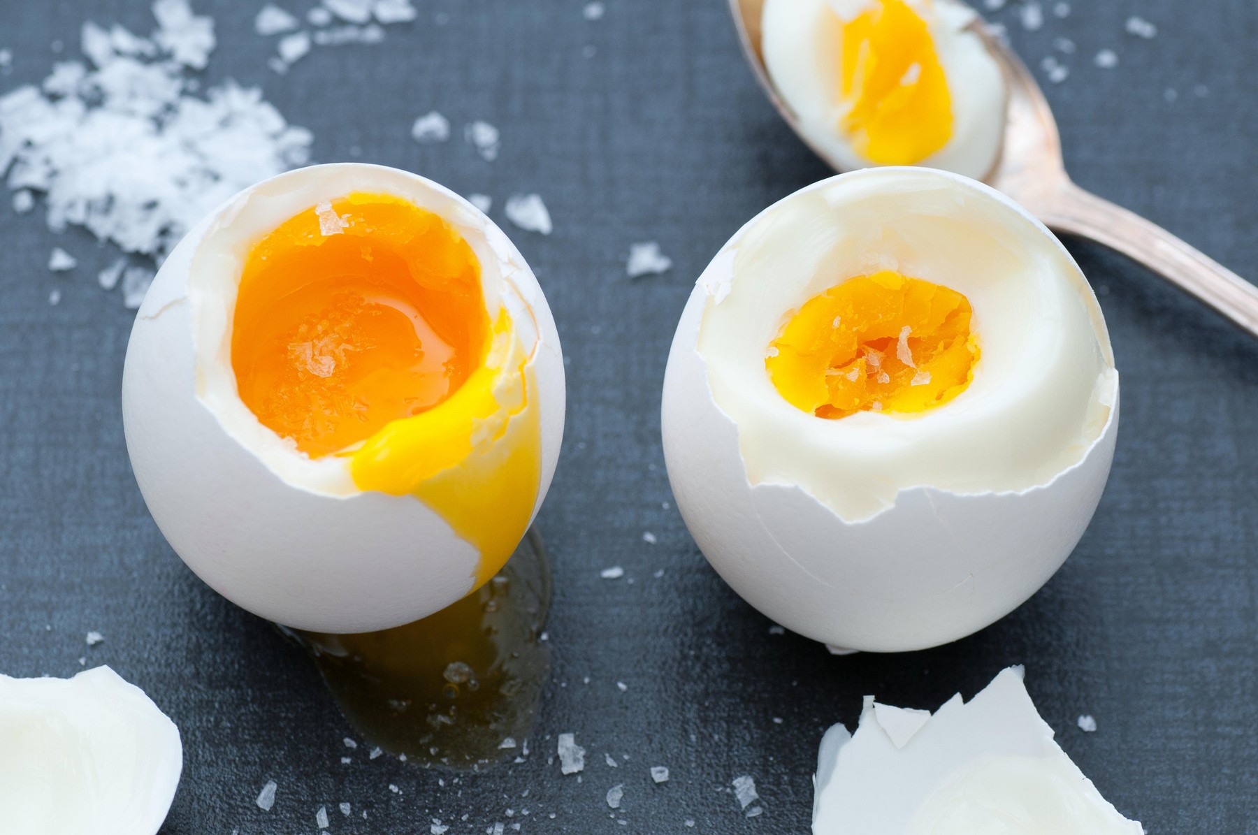 Soft boiled and hard boiled egg with sea salt.,Image: 317208861, License: Royalty-free, Restrictions: , Model Release: no, Credit line: YAY Media AS / Alamy / Alamy / Profimedia