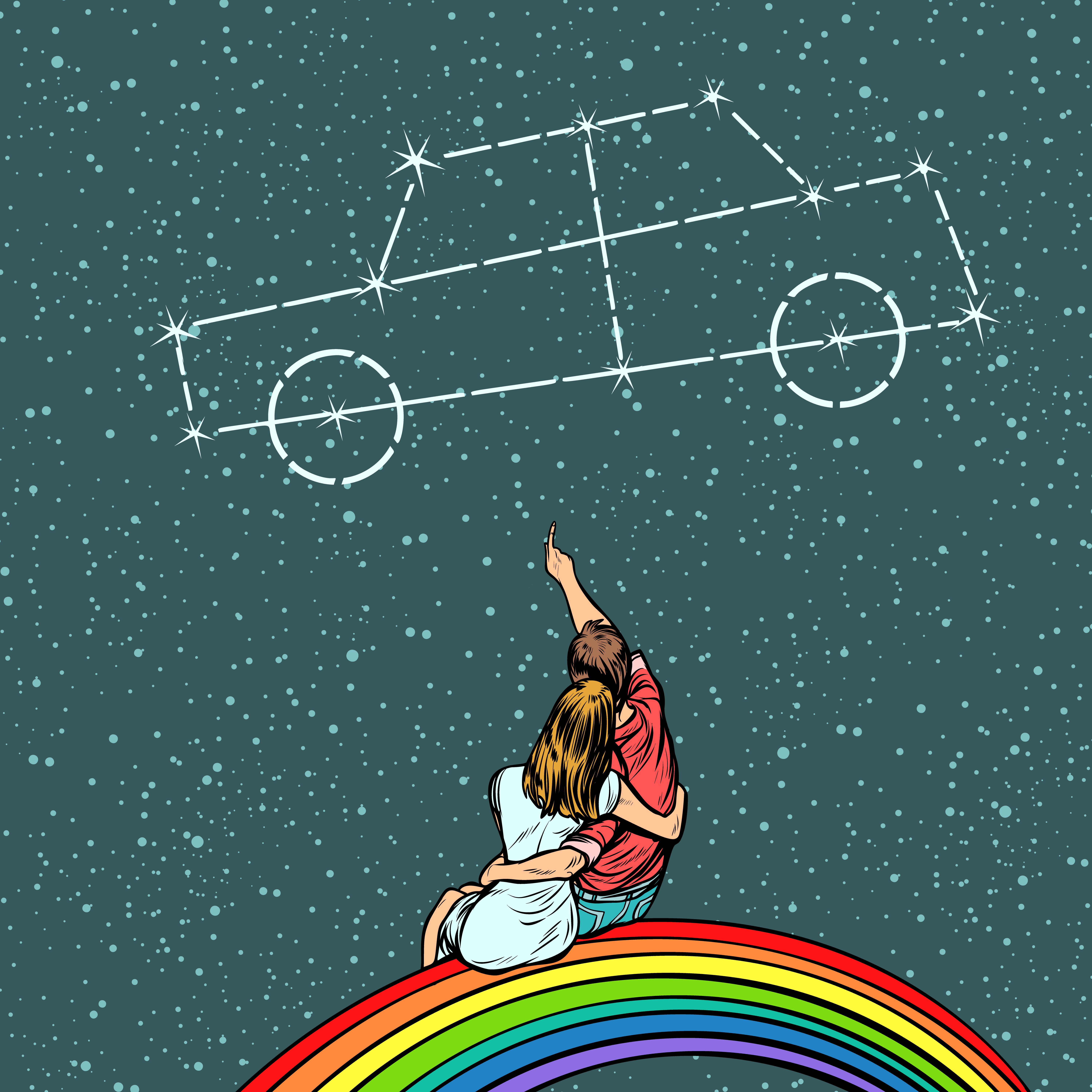 Couple,Man,And,Woman,Dreaming,Of,A,Car.,Pop,Art