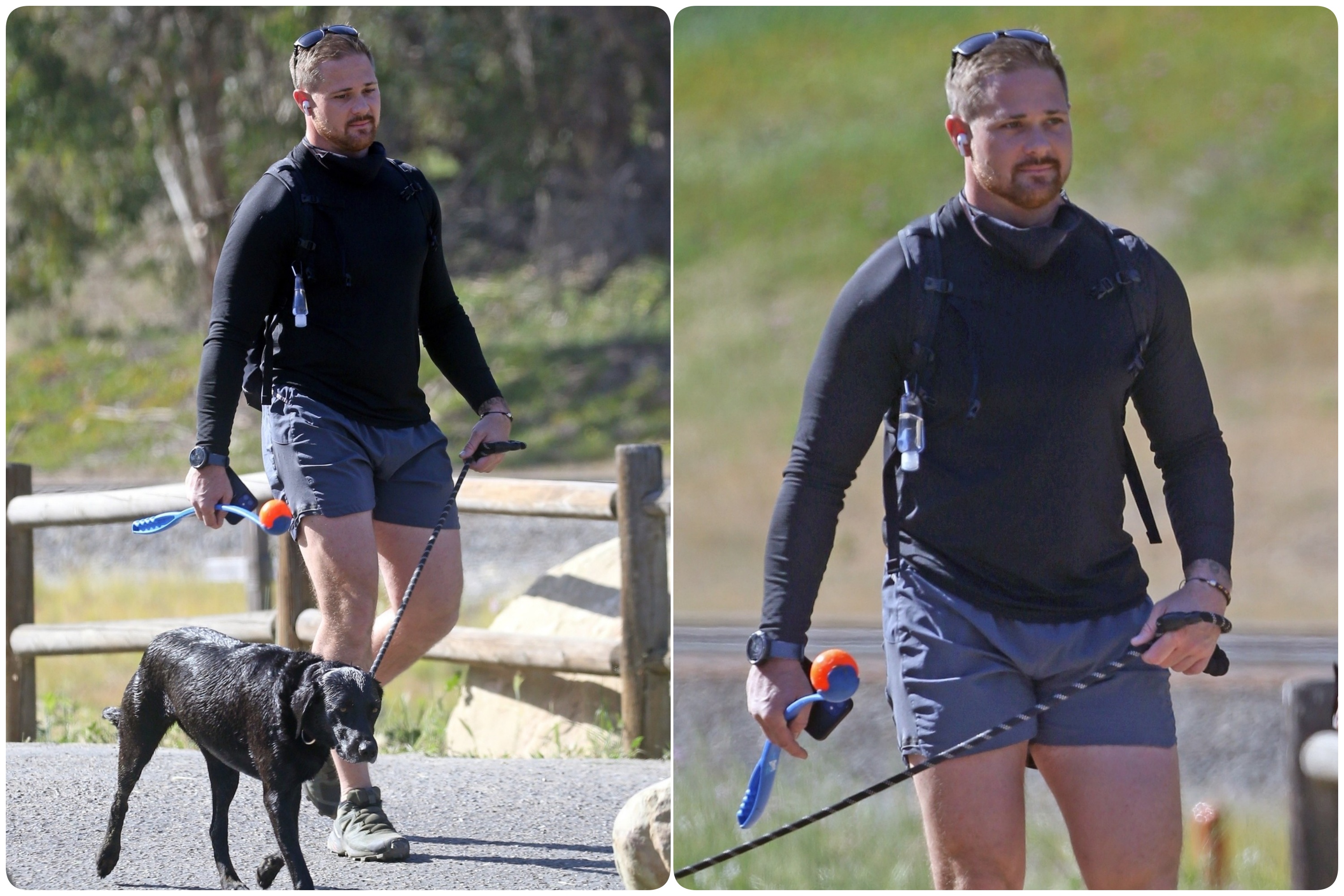 Santa Barbara, CA  - *EXCLUSIVE*  - Meghan Markle's buff security guard takes her dog 'Pula' for a hike in Santa Barbara as Harry flies back to the UK for the first time since 'Megxit' to attend Prince Phillip's funeral.