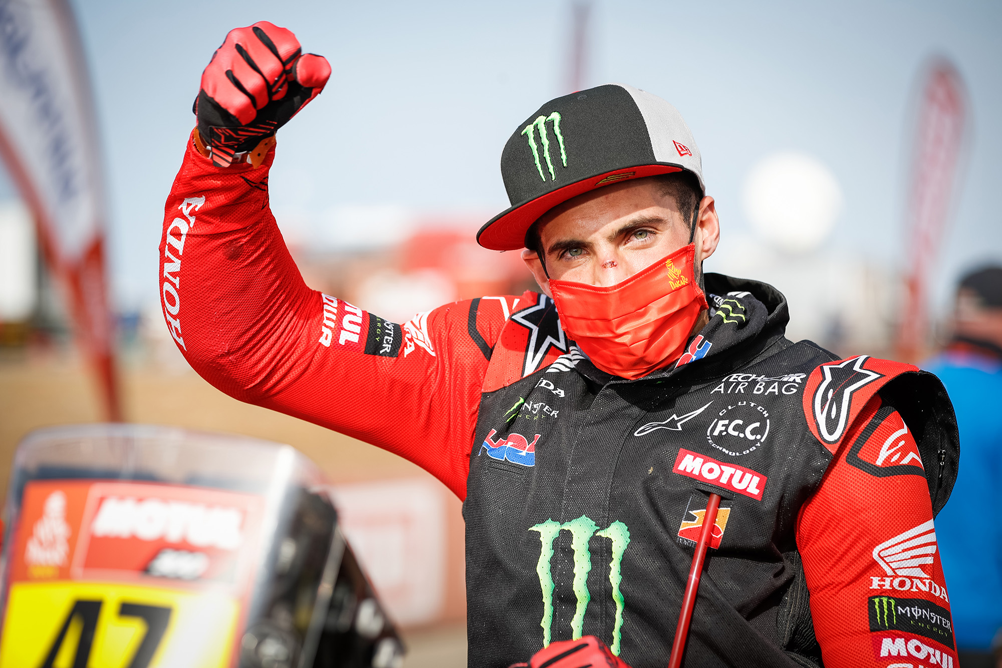 Benavides Kevin (arg), Honda, Monster Energy Honda Team 2021, Motul, Moto, Bike, portrait, celebrating his win during the 12th stage of the Dakar 2021 between Yanbu and Jeddah, in Saudi Arabia on January 15, 2021 - Photo Antonin Vincent / DPPI