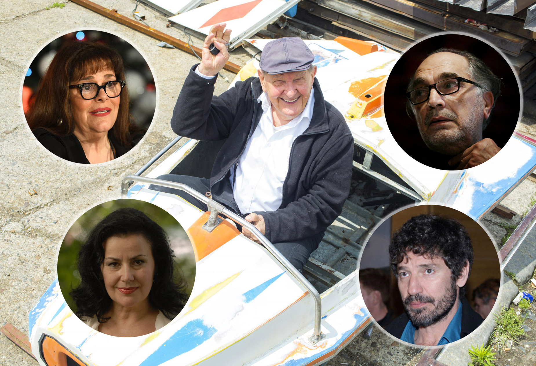 Vlasta Velisavljević centralno, a oko njega u kružićima Gagi Jovanović, Voja Brajović, Vesna Čipčić i Snežana Savić kombo